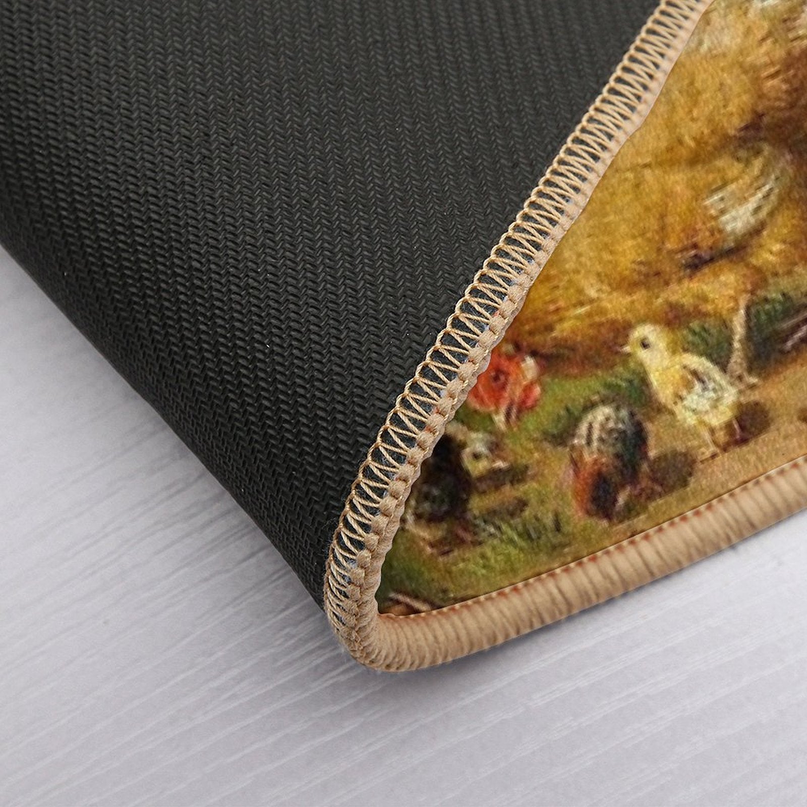 A Watchful Eye ,Rooster,Hens And Chickens With Wheelbarrow in Countryside  Stain-Proof Bath Mat