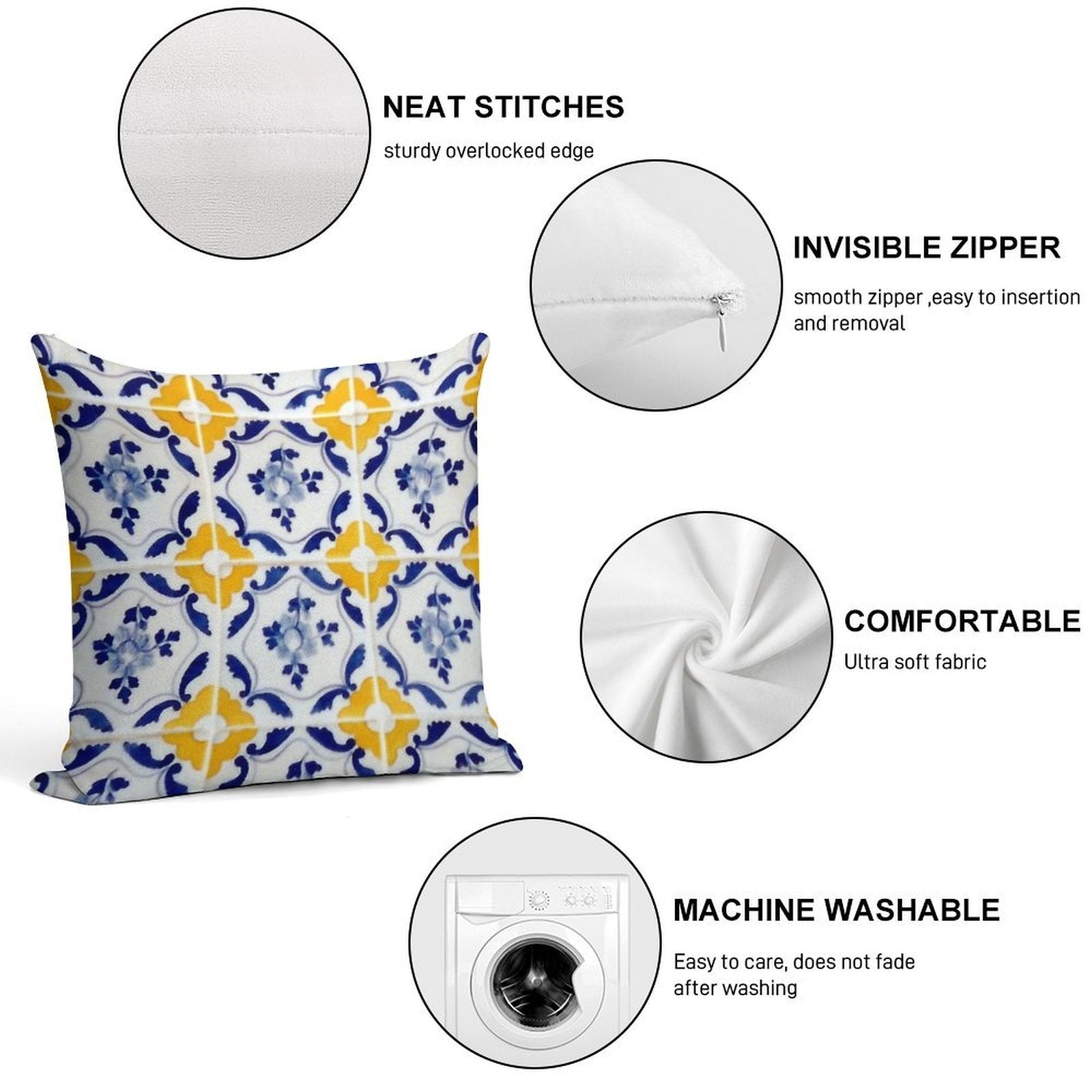 Portuguese Blue And Yellow Tiles Soft Fade-Resistant Throw Pillow
