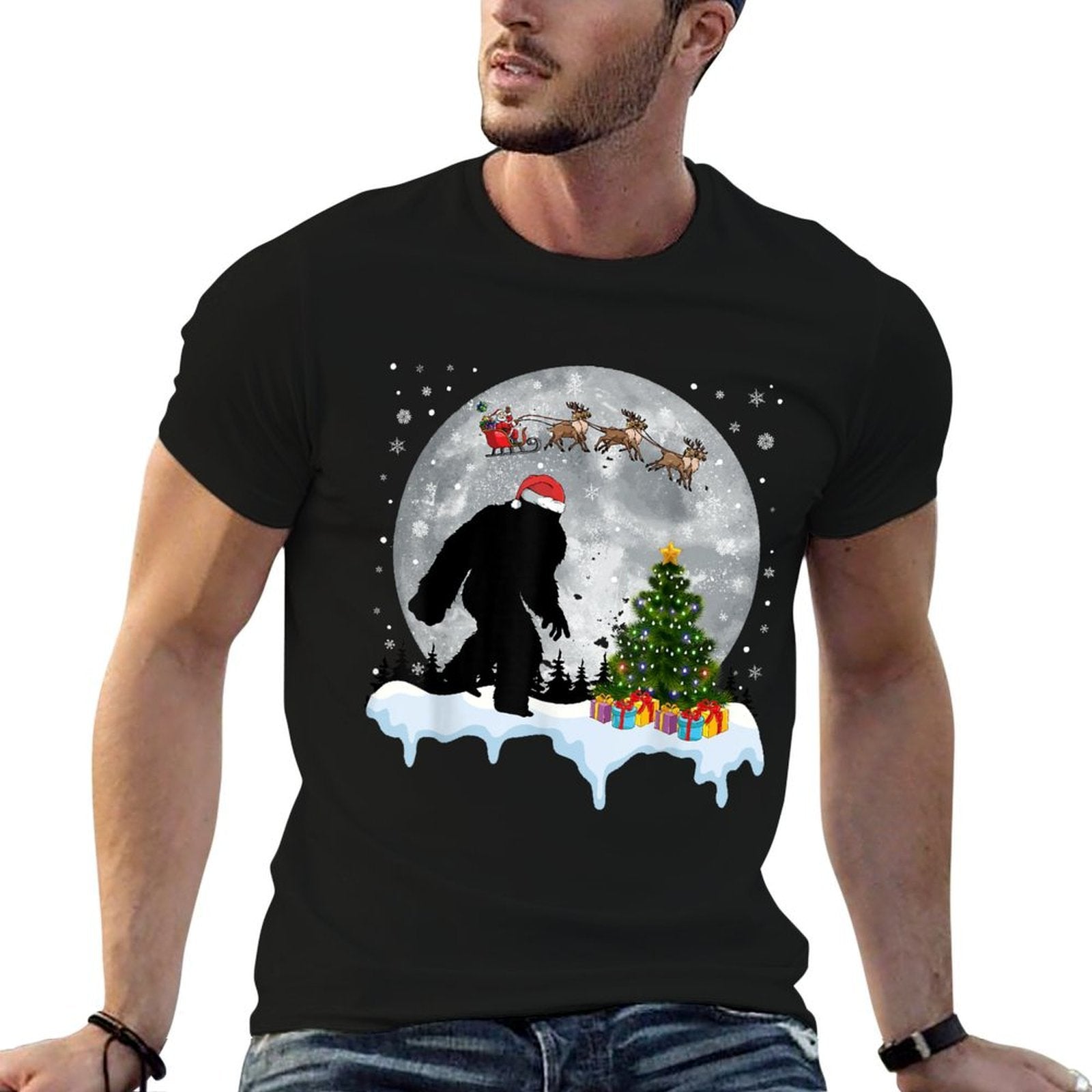 Christmas Bigfoot Santa Tree Sleigh Moon Reindeer Snow  Slim-fit Cut T-Shirt