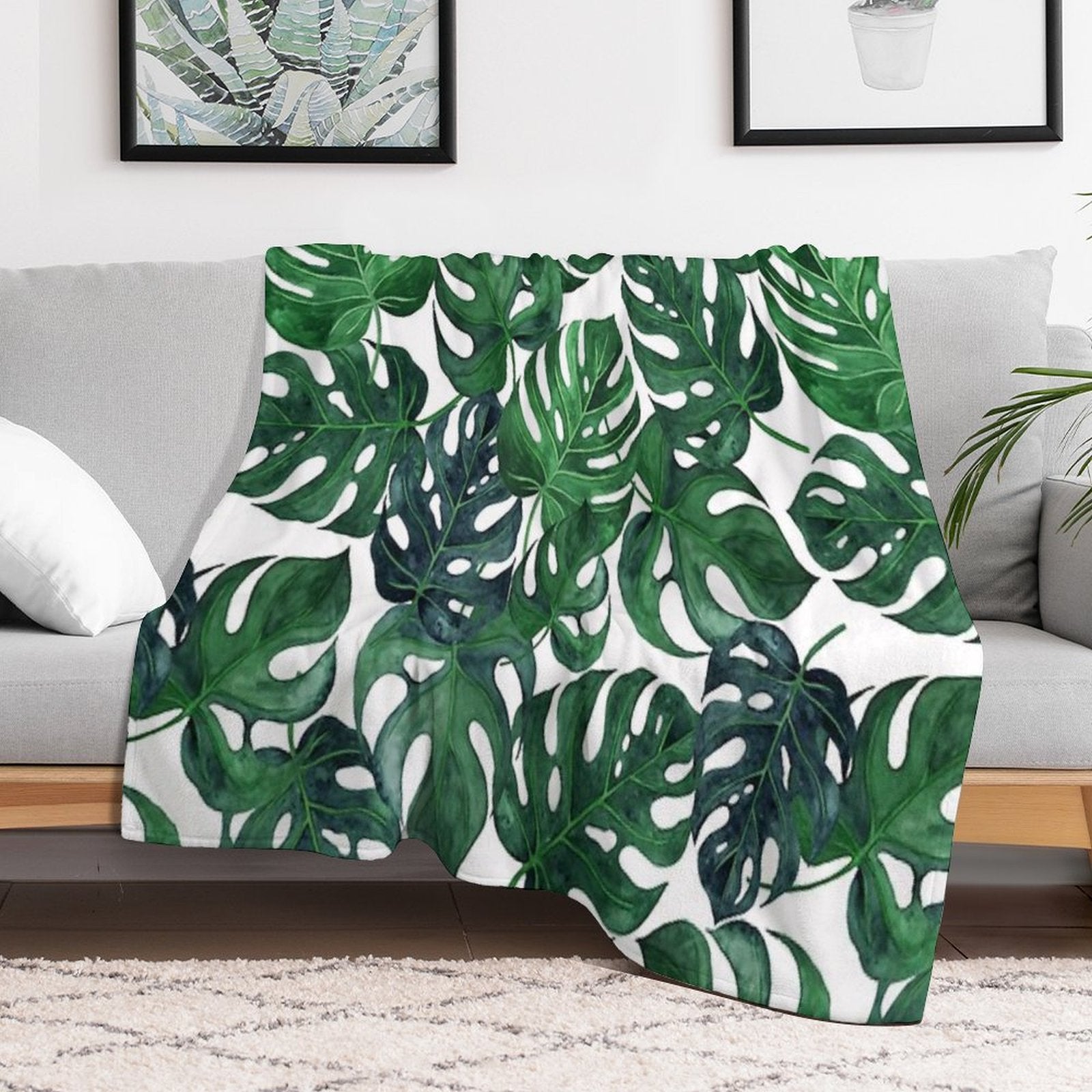 Tropical Monstera Leaves - Dark Emerald Green Machine-washable Throw Blanket