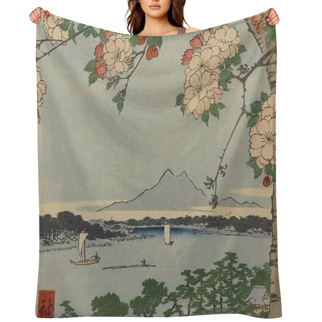 Cherry Blossoms on Spring River Ukiyo-e Japanese Art Gift-ready Throw Blanket