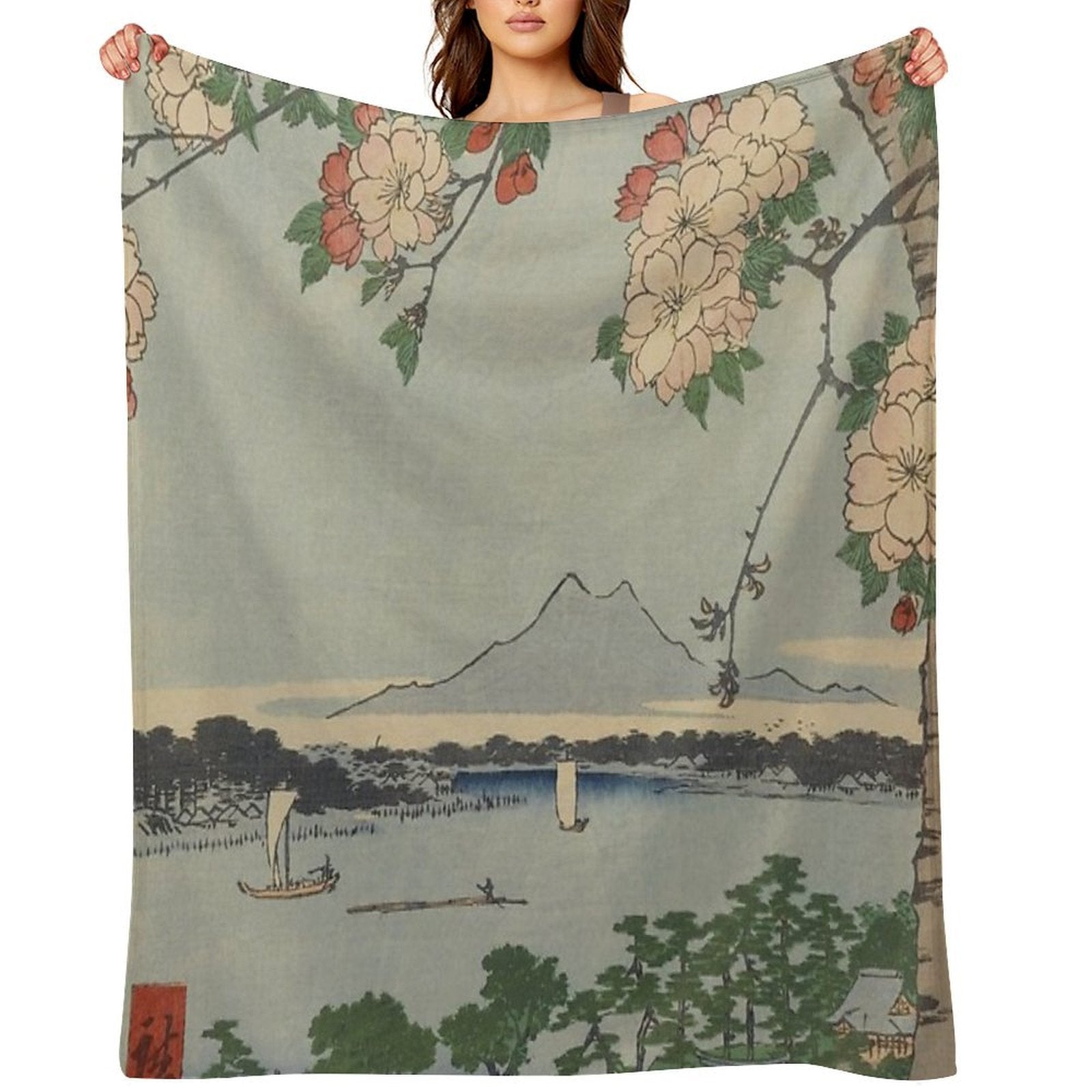 Cherry Blossoms on Spring River Ukiyo-e Japanese Art Gift-ready Throw Blanket