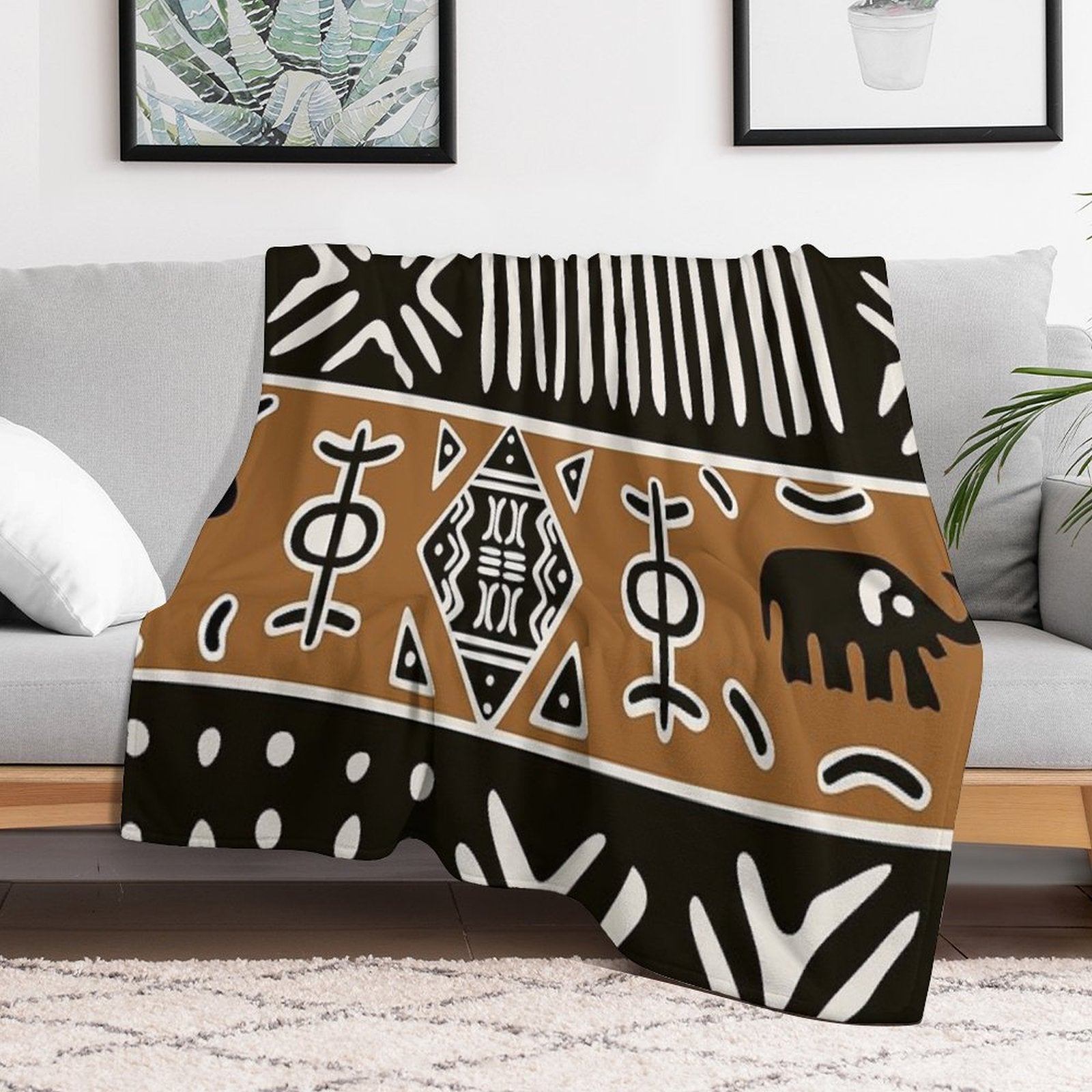 African Mud Cloth with Elephants Plush Throw Blanket