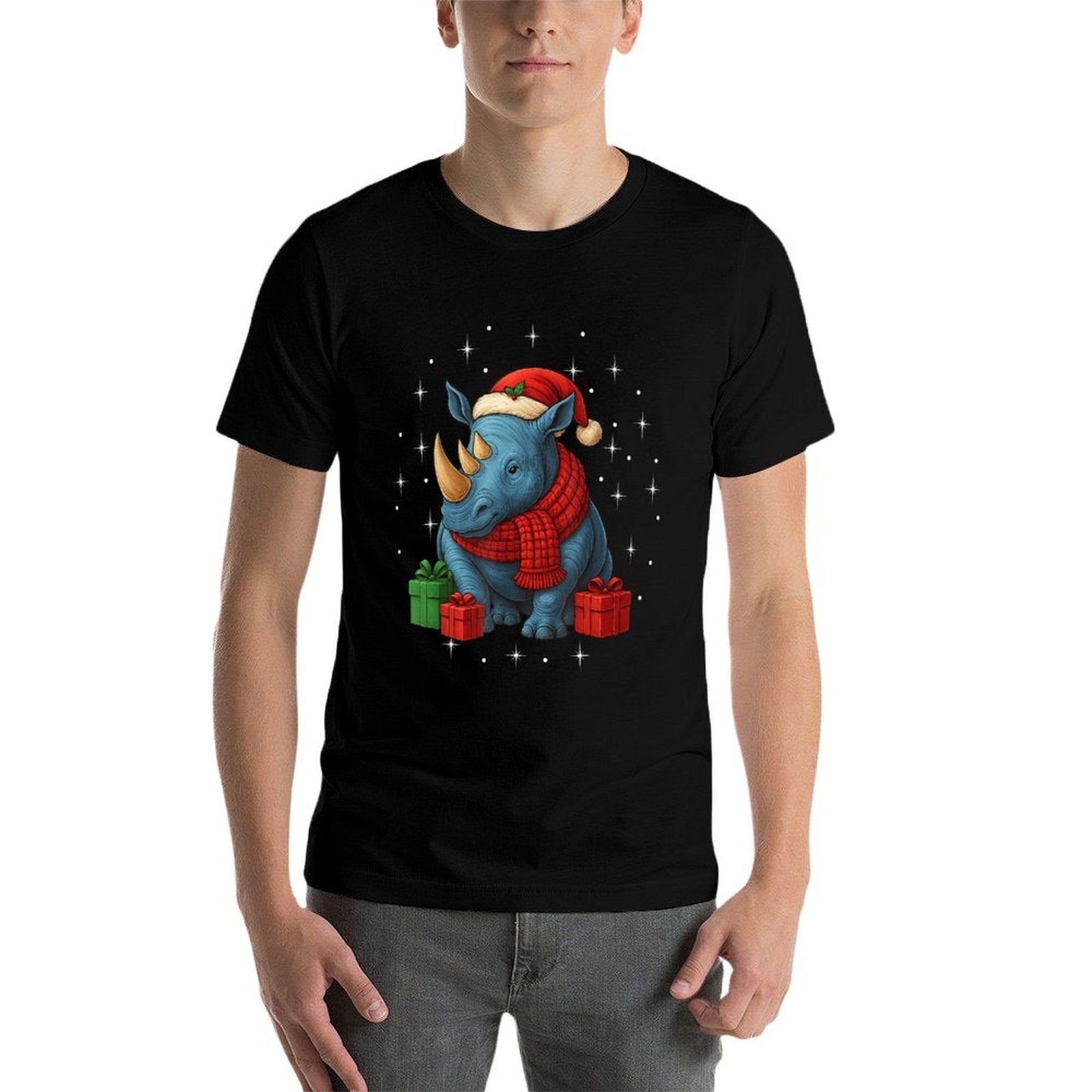 Funny Rhino Christmas PJ Pajama Men Women PJS for Family  High-quality Stitching T-Shirt