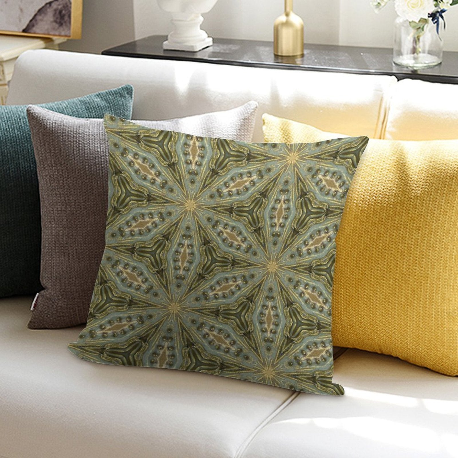 Antique Gold Bead, Sage Green Wash - Vintage Bold KaleidoSnap Soft Anti-Pilling Throw Pillow