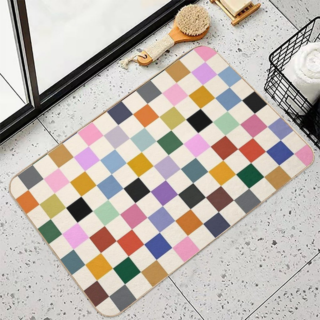 Multi Colour on Cream Checkerboard Grid  Anti-Trip Bath Mat