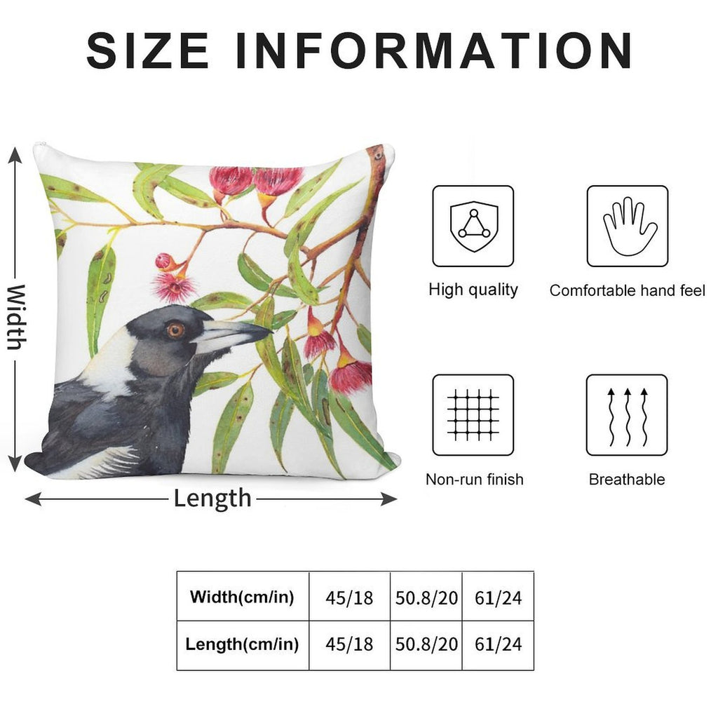 Australian Magpie And Eucalyptus Blossoms Watercolour Painting Soft High-Density Material Throw Pillow
