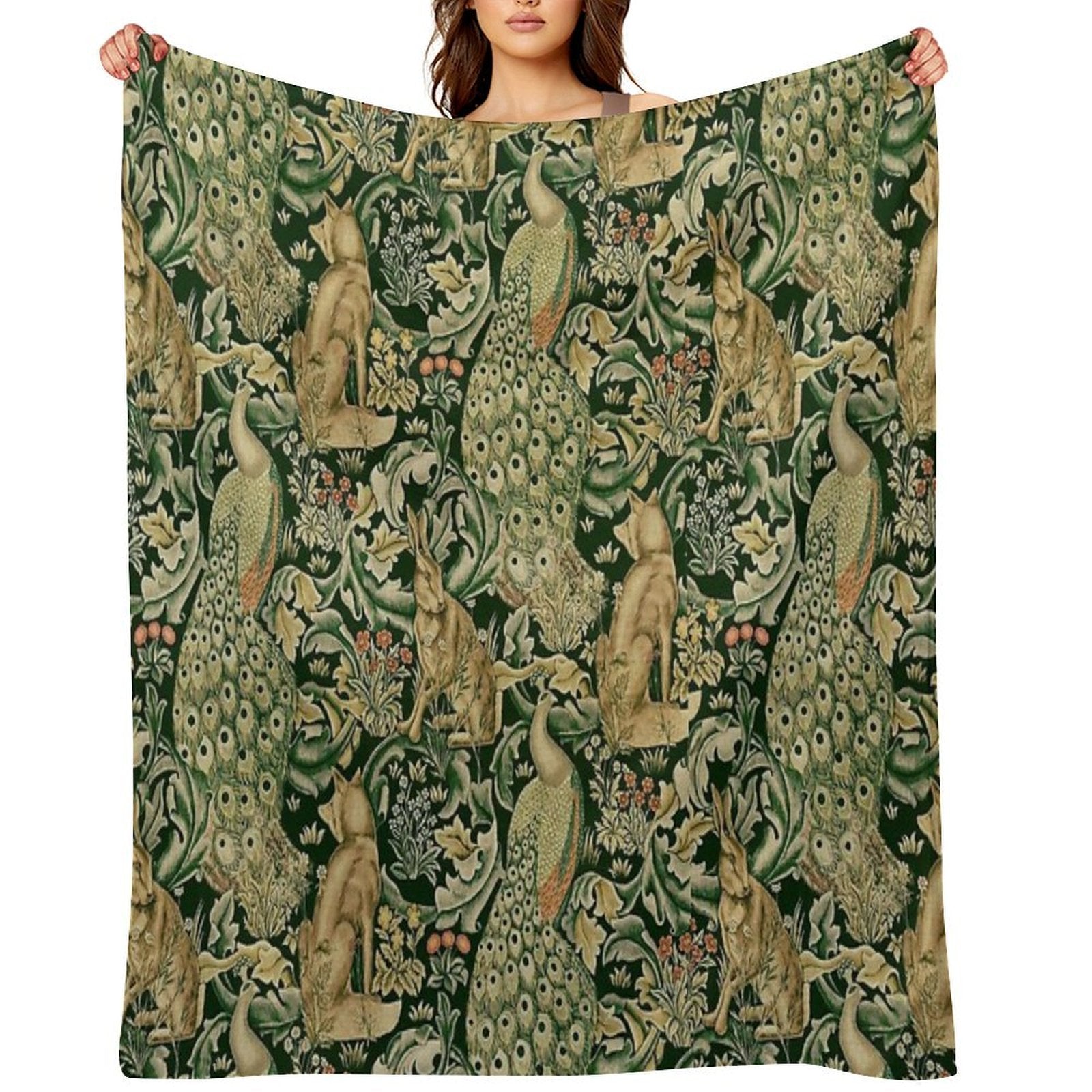 GREEN FOREST ANIMALS ,PEACOCKS, FOX AND HARE IN GREEN LEAVES,FLORAL PATTERN Shrink-resistant Throw Blanket