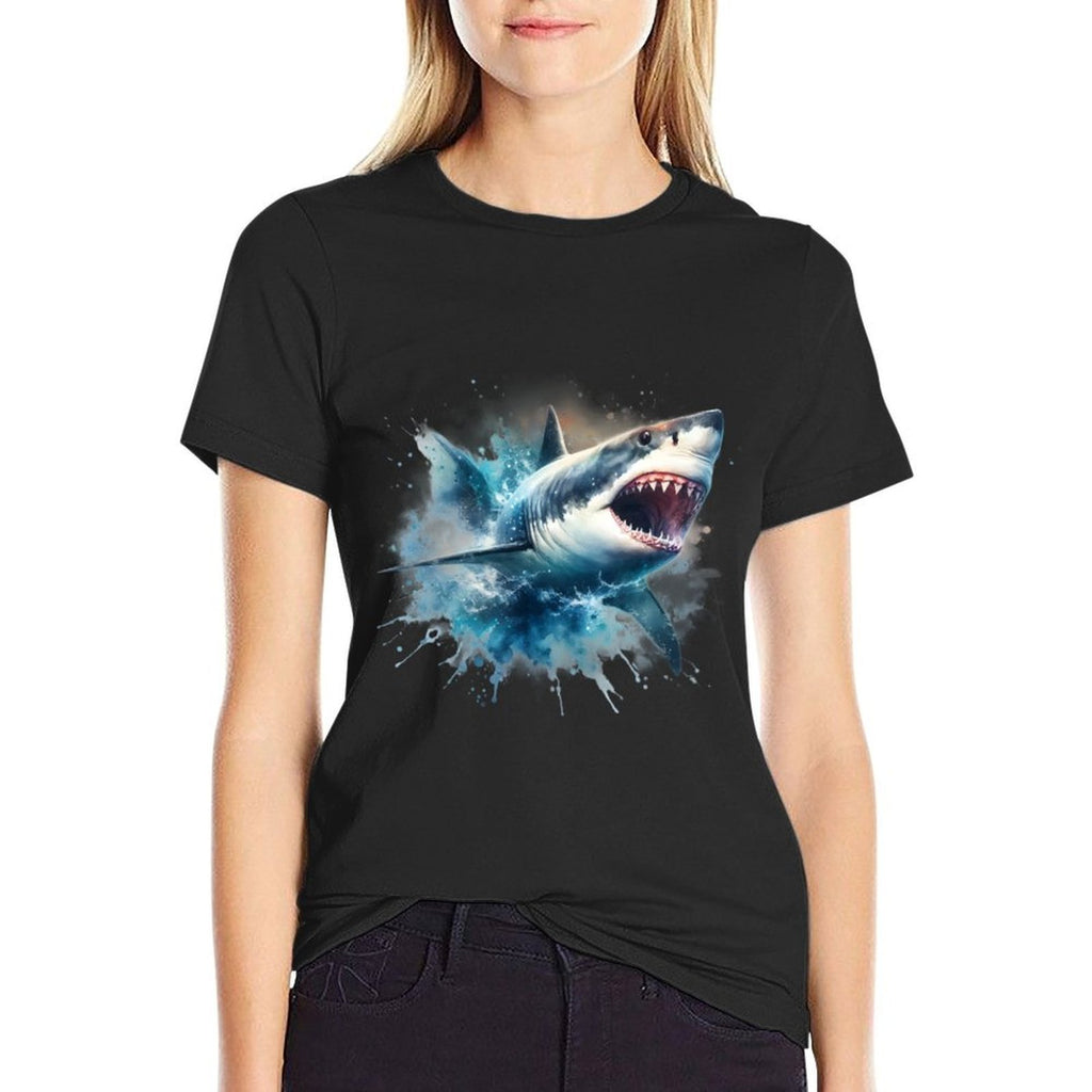 Cool Watercolor Great White Shark Open Jaw  High-quality Stitching T-Shirt