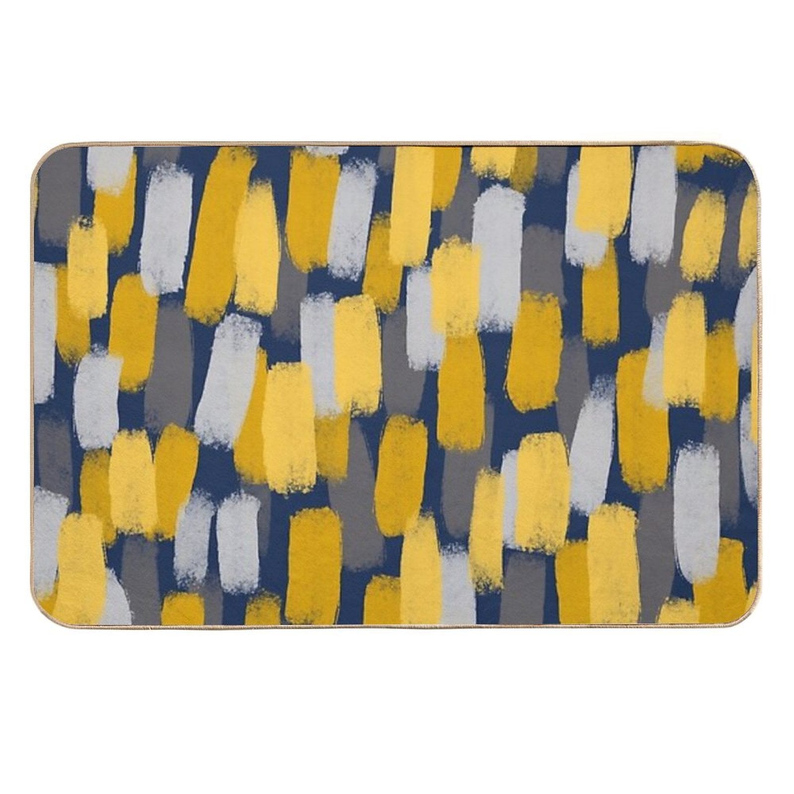 Abstract Grey And Mustard Yellow Paint Brush Effect on Navy Blue  Stain-Proof Bath Mat