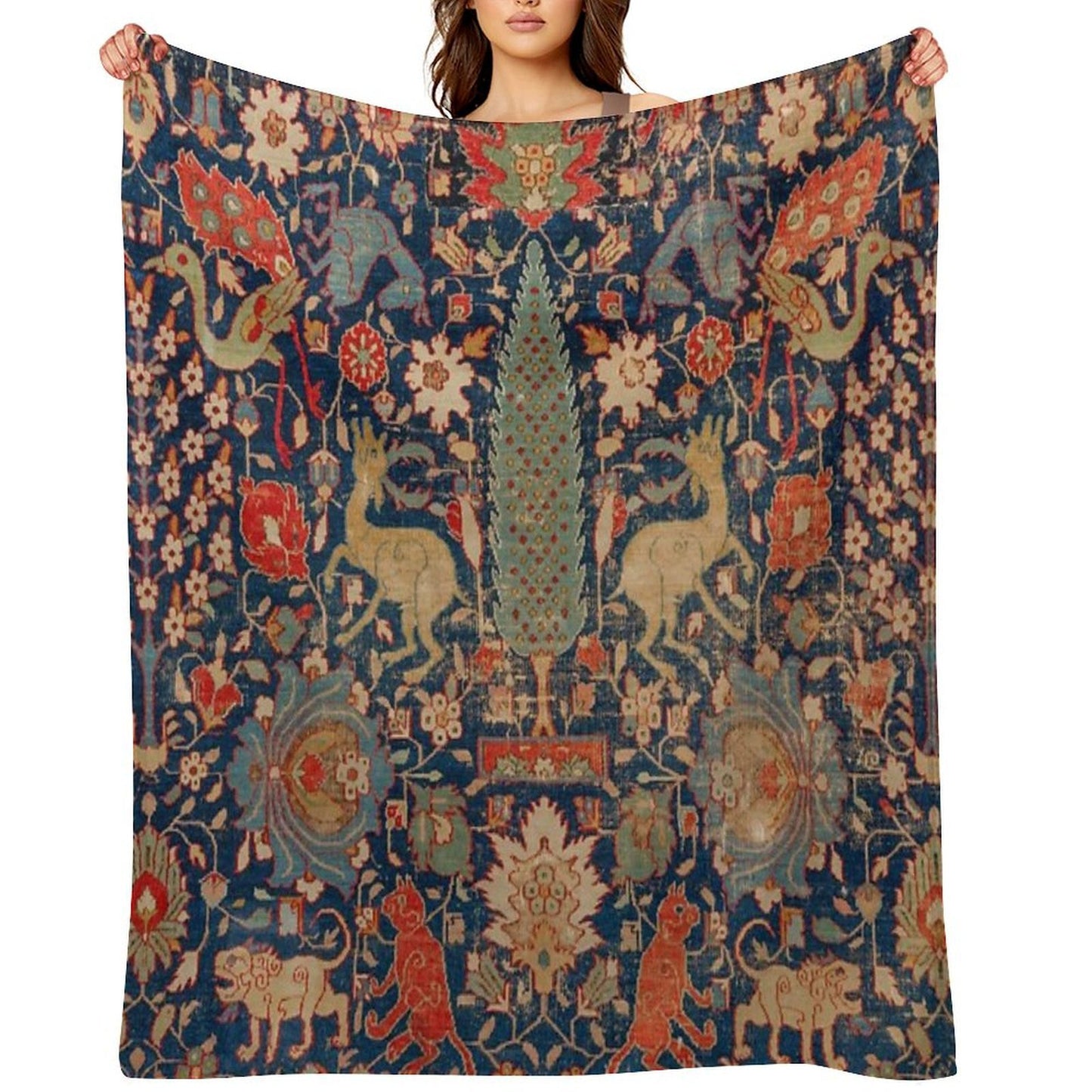 17th Century Persian Rug Print with Animals Quick-dry Throw Blanket