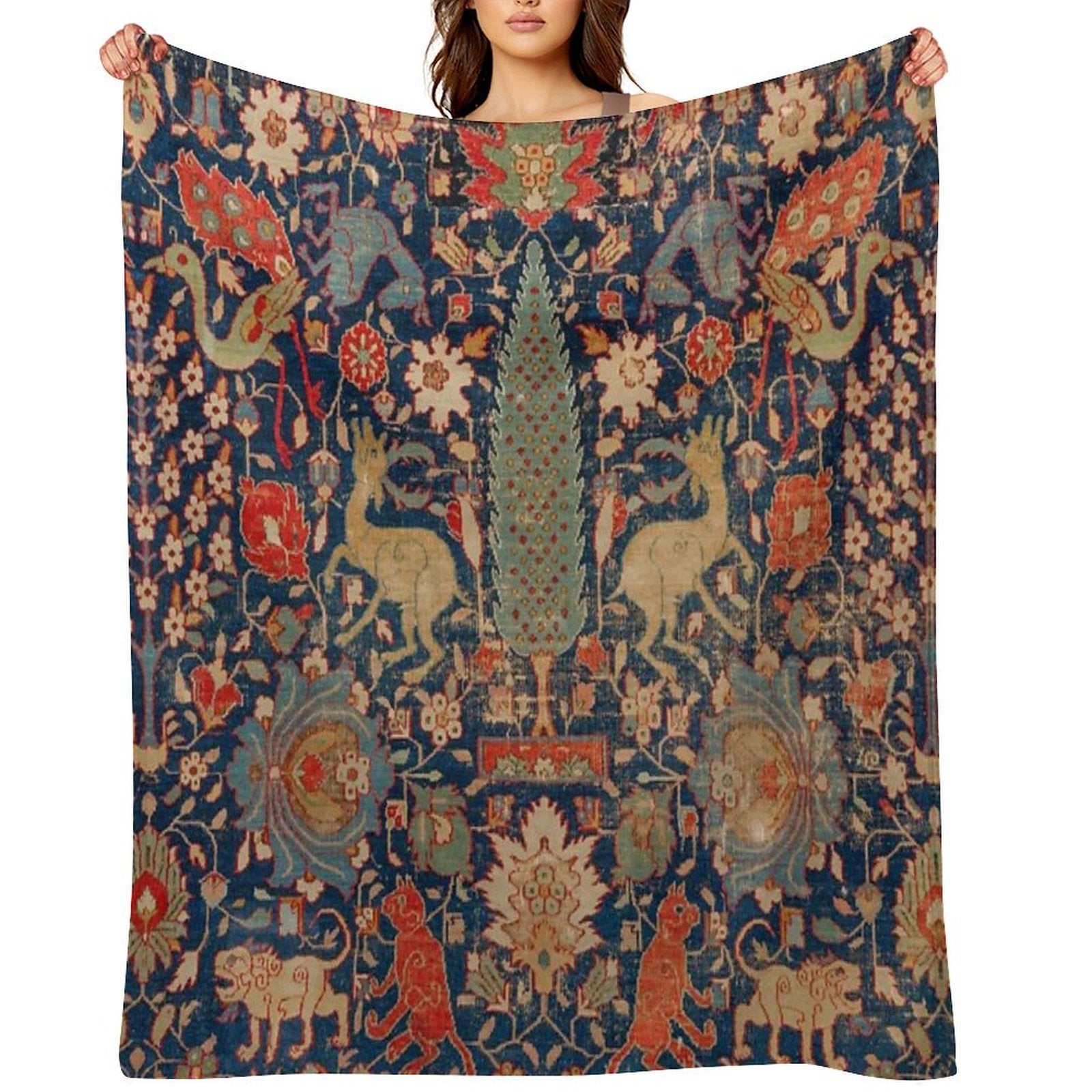 17th Century Persian Rug Print with Animals Quick-dry Throw Blanket