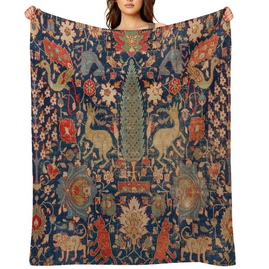 17th Century Persian Rug Print with Animals Quick-dry Throw Blanket