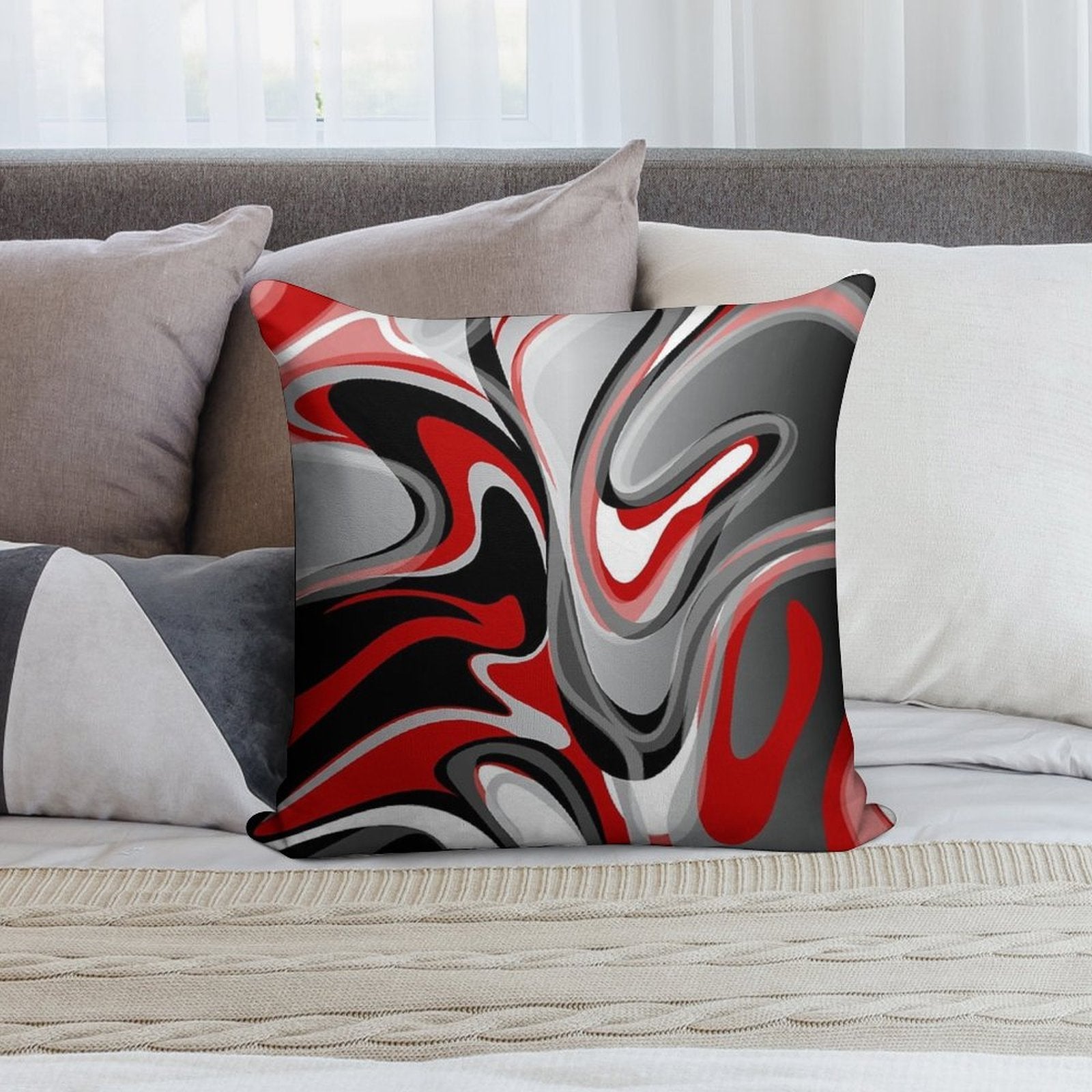 Liquify - Red, Gray, Black, White Soft Short Plush Fabric Throw Pillow