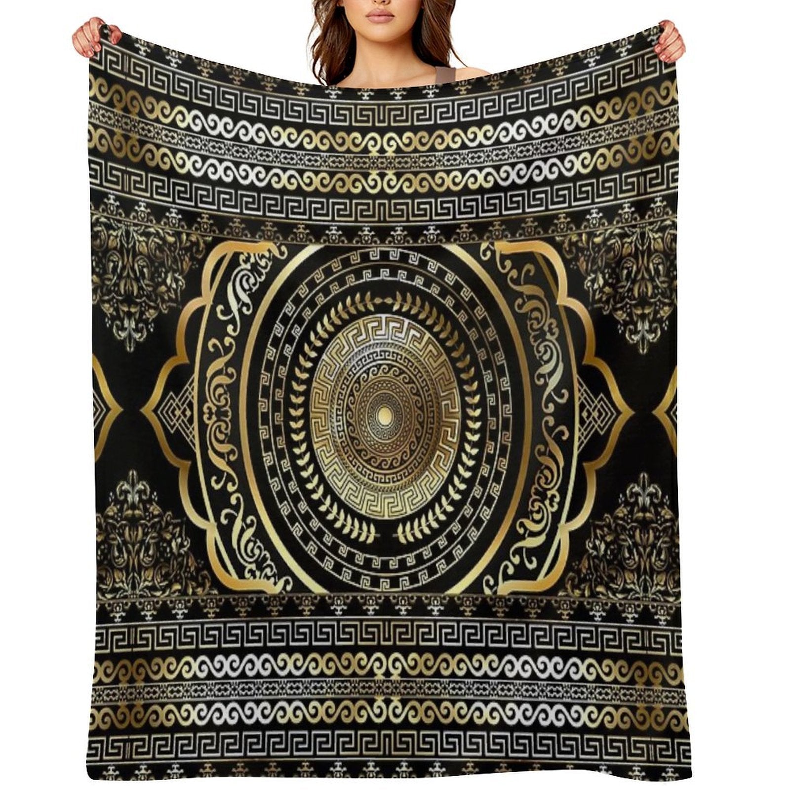 Greek Key Border Gold Black Meander Design Machine-washable Throw Blanket