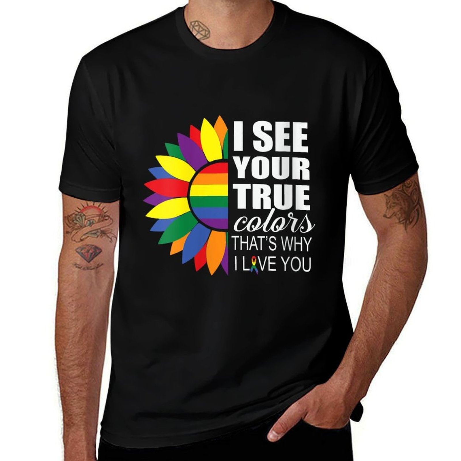 Womens LGBT Pride I See Your True Colors Sunflower Rainbow Gay Comfortable T-Shirt