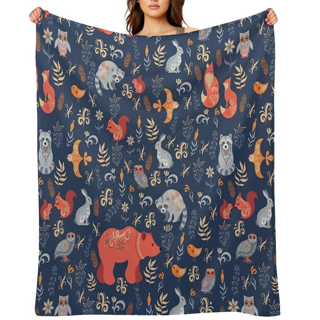 Fairy-tale Forest. Fox, Bear, Raccoon, Owls, Rabbits, Flowers And Herbs on A Blue Background. Anti-pilling Throw Blanket