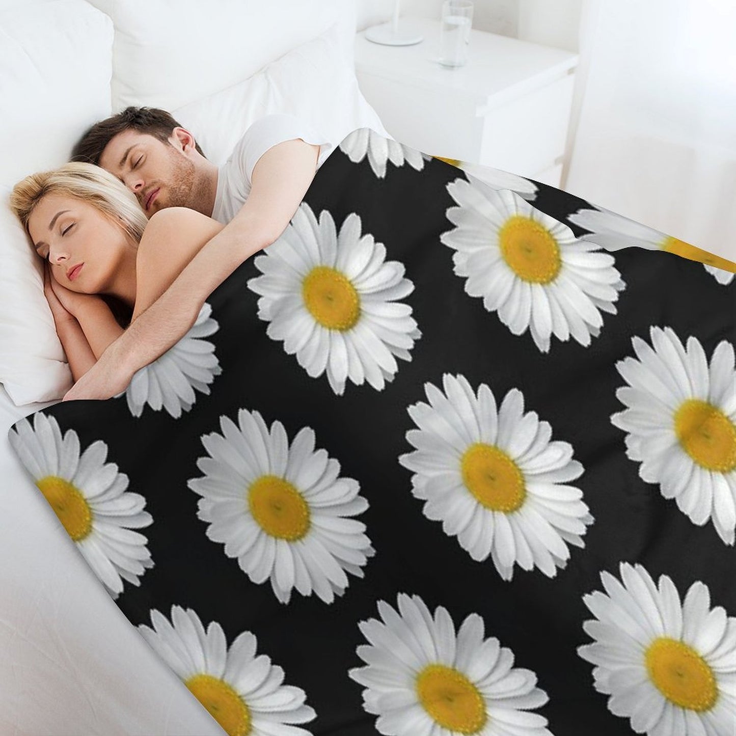 Modern Simple Elegant White Daisy Flowers on Black Anti-pilling Throw Blanket