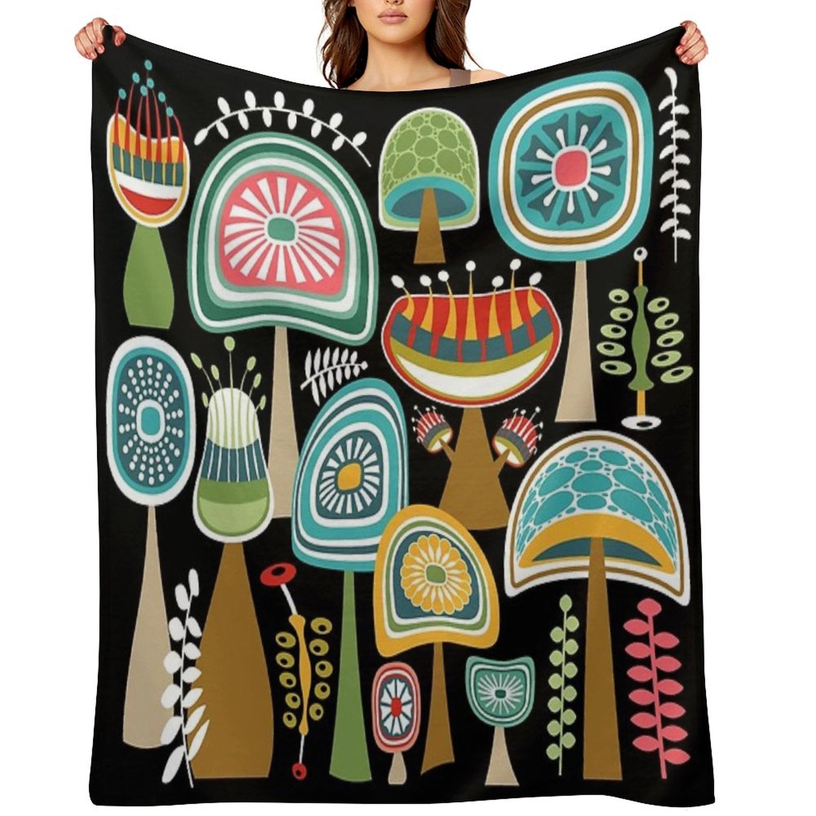 Colorful Mid Century Modern Mushrooms  Large Scale Gift-ready Throw Blanket