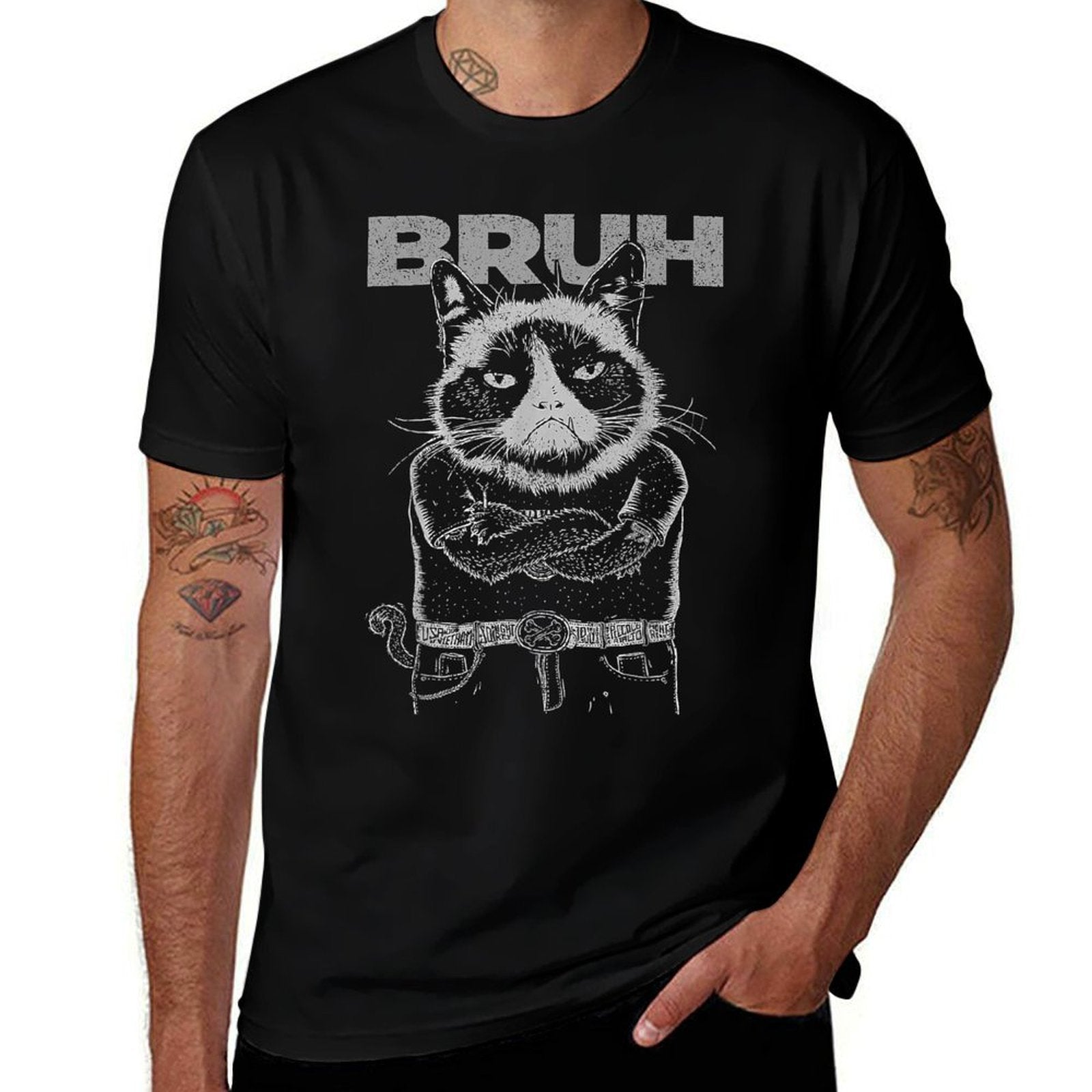Cool Punk Rock Cat Bruh Meme Funny Sayings For Adults  Quick-drying T-Shirt
