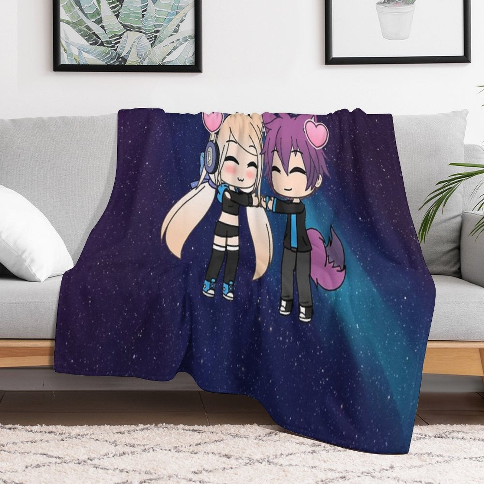 Cute Gacha Girl And Boy with Fox Tail Travel-friendly Throw Blanket