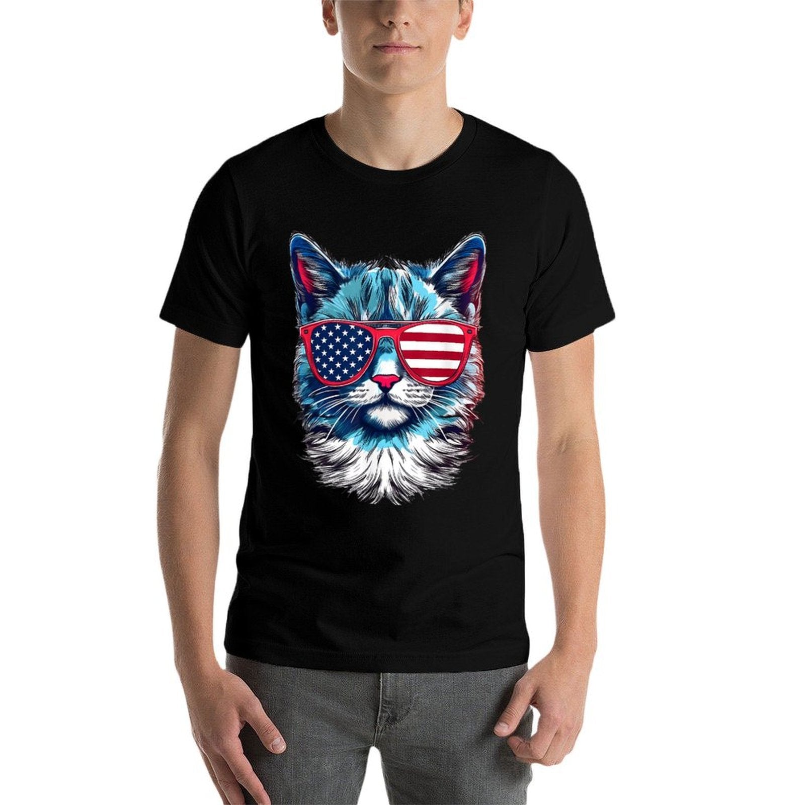 American Cat Sunglasses USA 4th of July Cat Graphic  Slim-fit Cut T-Shirt