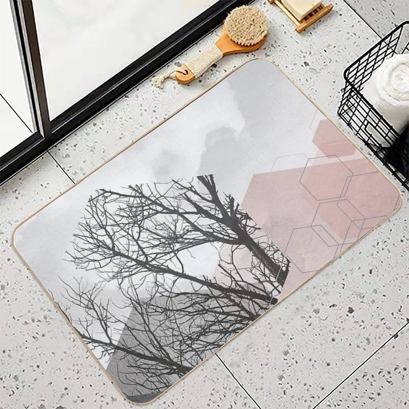 Pink And Grey Hexagon Art II  Non-Slip Bath Mat