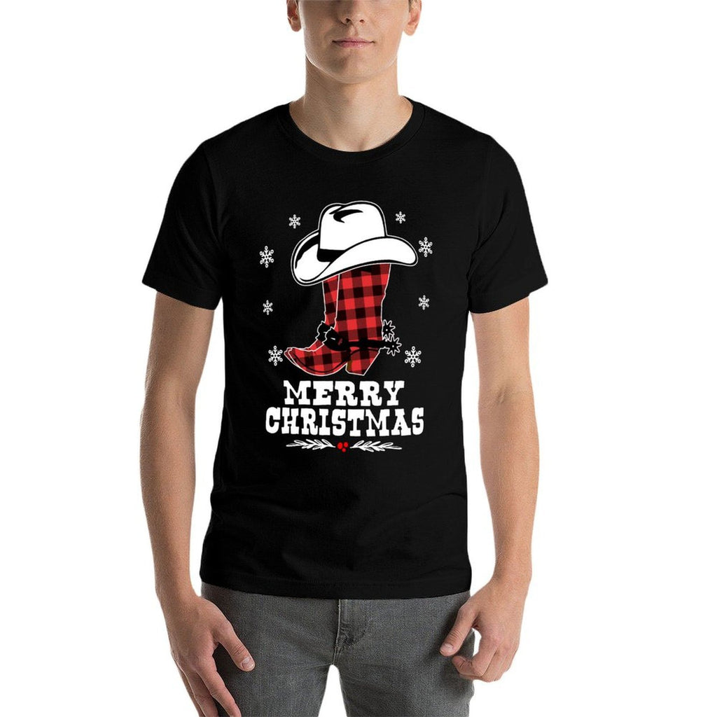 Merry Christmas Cowboy Boots Red Buffalo Plaid Western  Stretchy T-Shirt