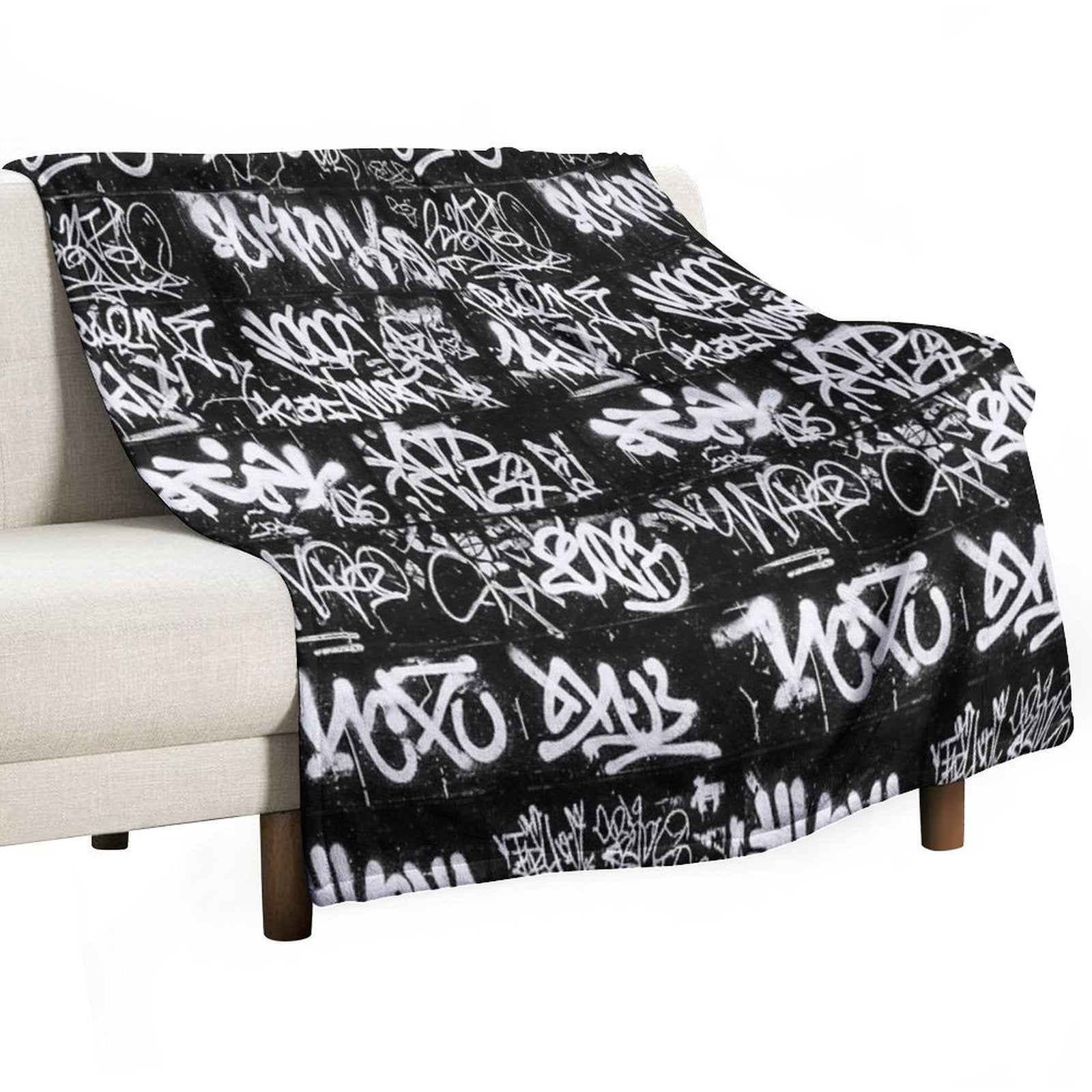 White Graffiti Tags on Black Wall Mural Durable Throw Blanket