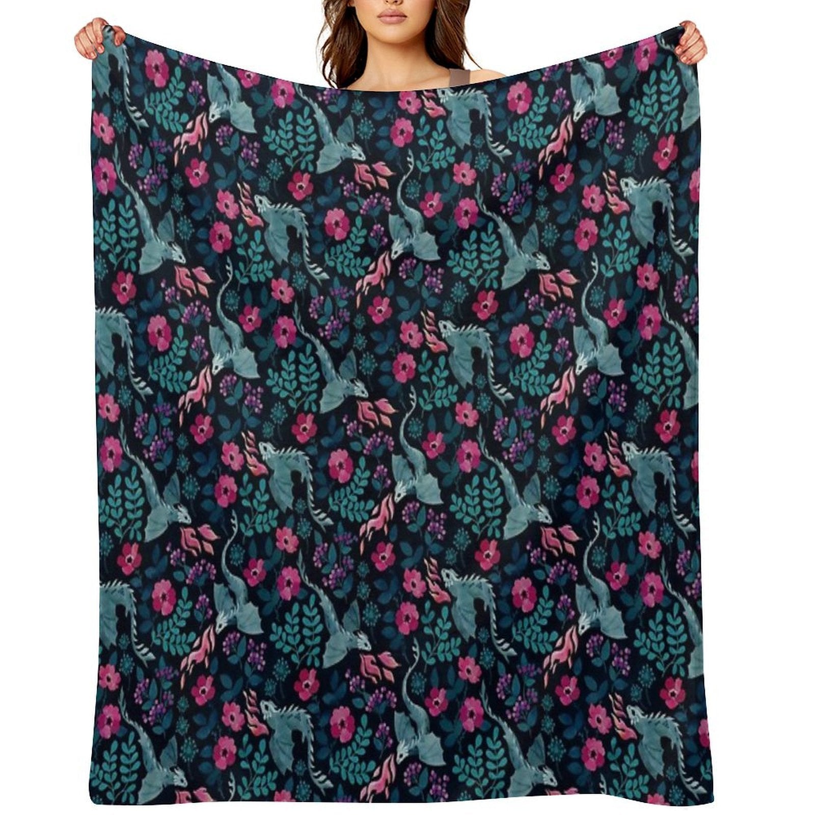 Dragons Floral in Dark Jewel Tones Machine-washable Throw Blanket