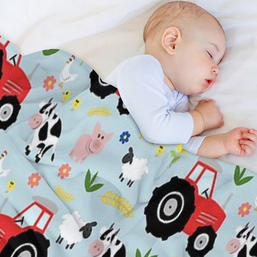 Cute Kids Red Tractor Farm Animal Pattern Cartoon Gift-ready Throw Blanket