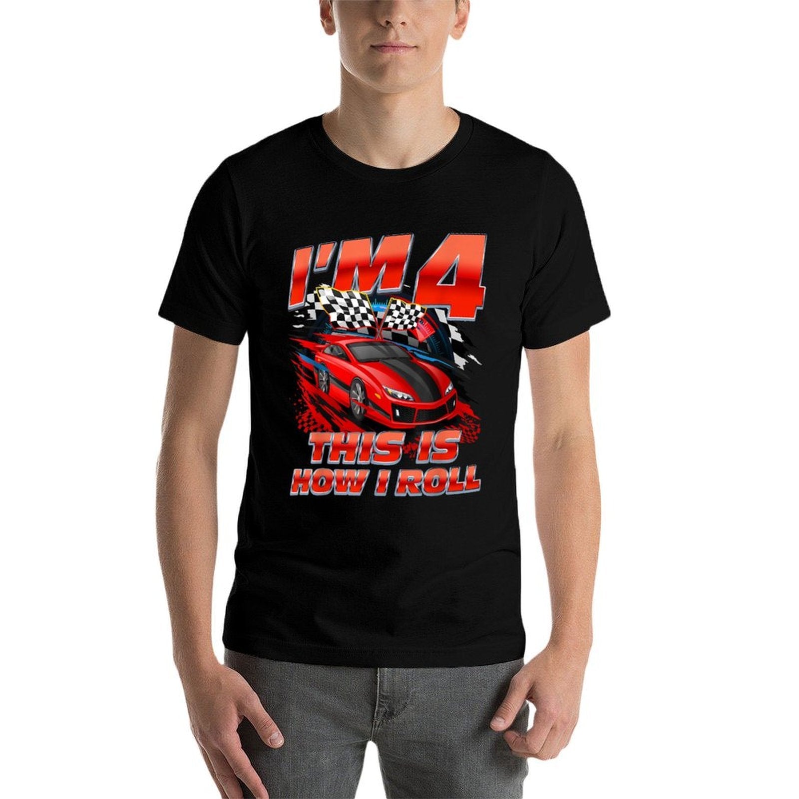 4 Year Old Race Car 4th Birthday Racecar Racing Boy Kids  Rolled Sleeves T-Shirt