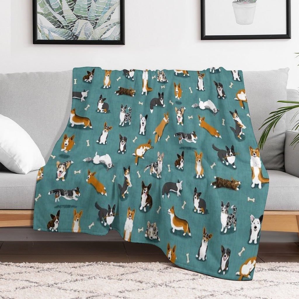 Cardigan Corgi Pattern on Teal Durable Throw Blanket
