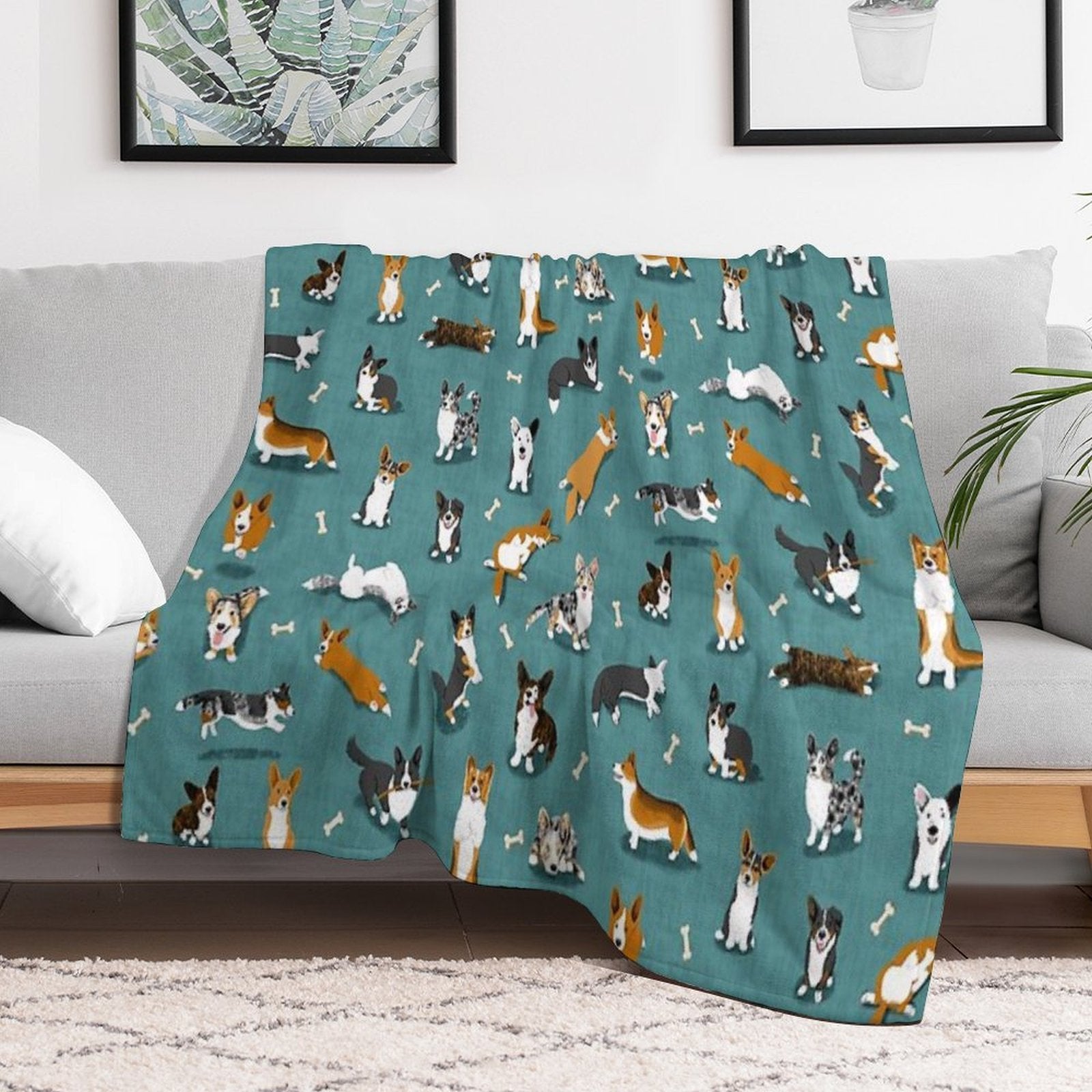 Cardigan Corgi Pattern on Teal Durable Throw Blanket