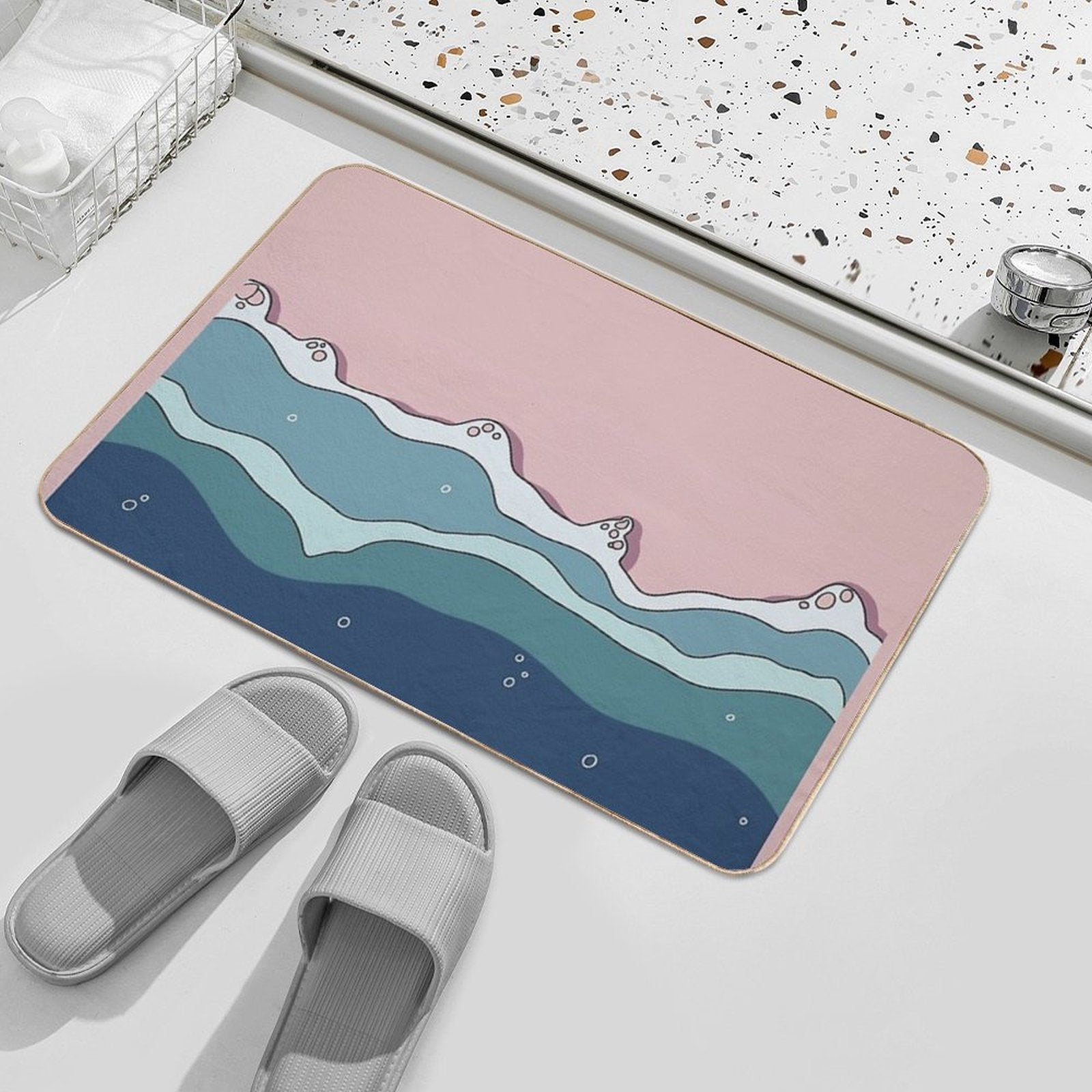 Cartoonish Seashore  Repositionable Bath Mat
