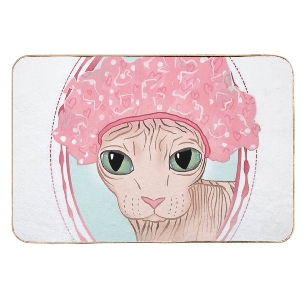 Hairless Sphynx Cat Wearing A Pink Shower Cap  Absorbent Bath Mat