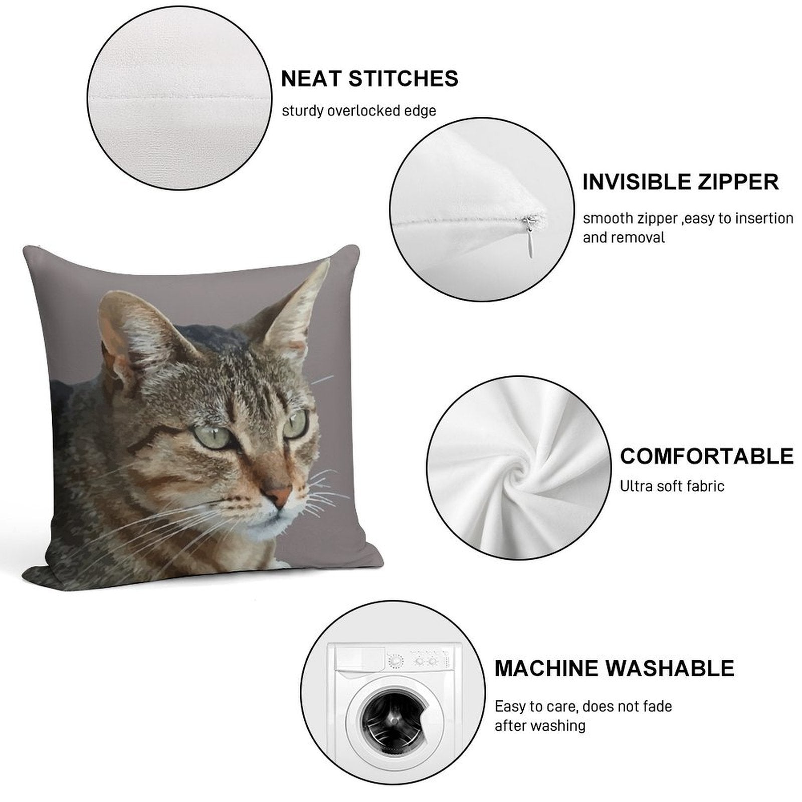Stunning Tabby Cat Close Up Portrait Vector Isolated Soft Washable Throw Pillow