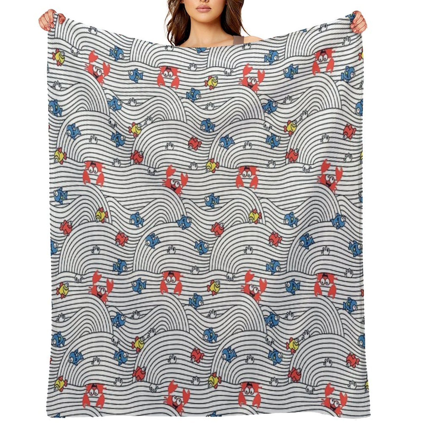 Grafic Waves from Stripes with Fish And Crabs. Sea Seamless Pattern. Premium Throw Blanket