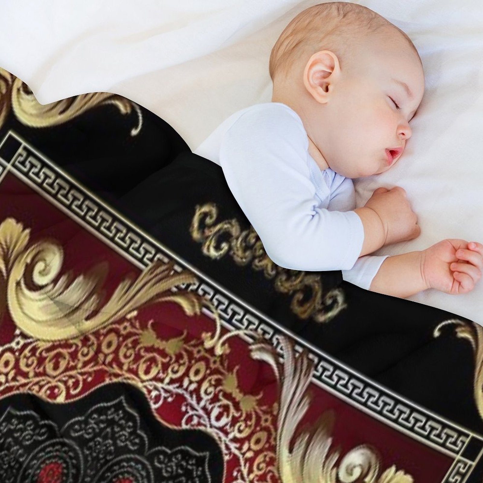 Ornate Baroque Filigree Red Black Gold Greek Key Meander Easy Care Throw Blanket