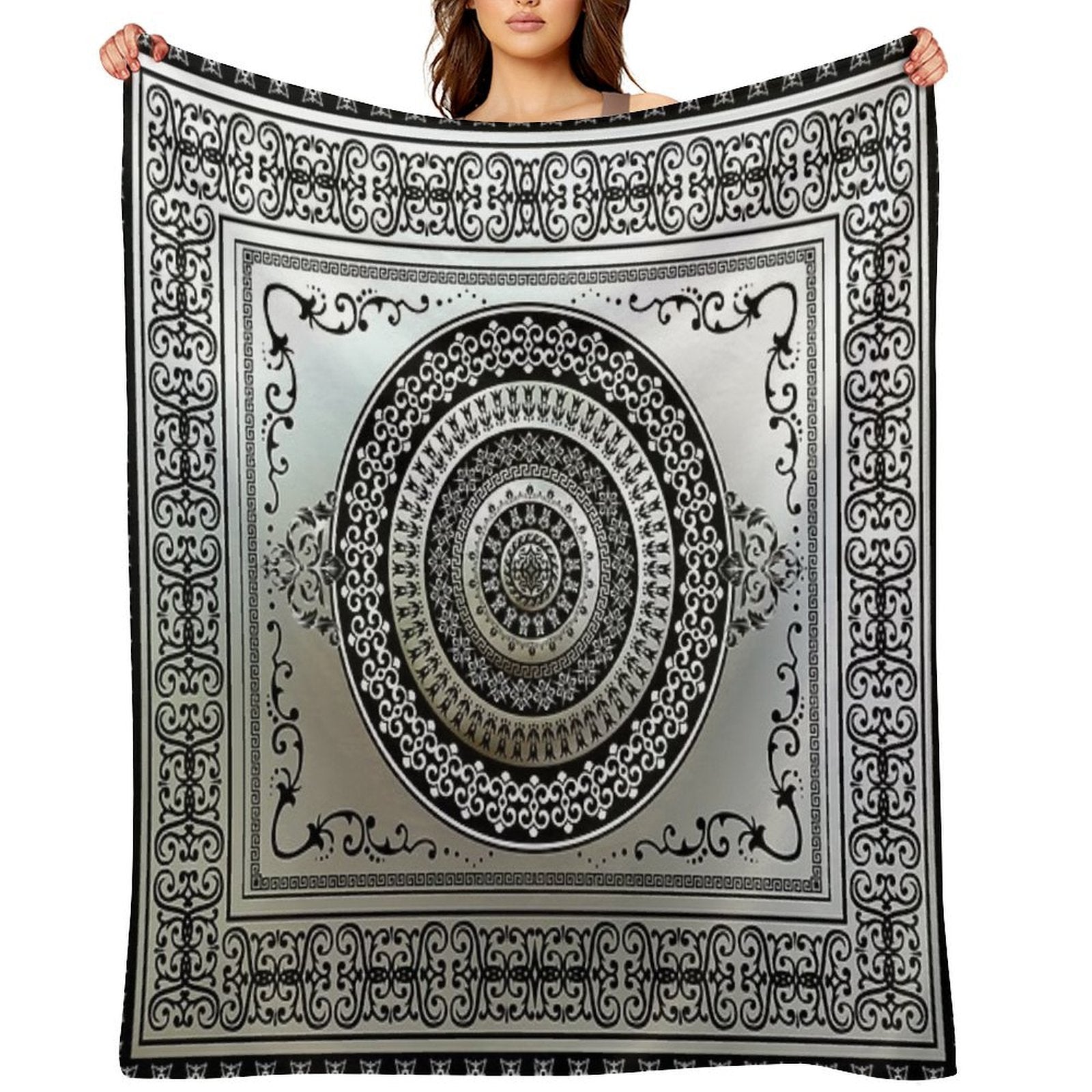 Ornate Greek Key Medallion Silver And Black Eco-conscious Throw Blanket