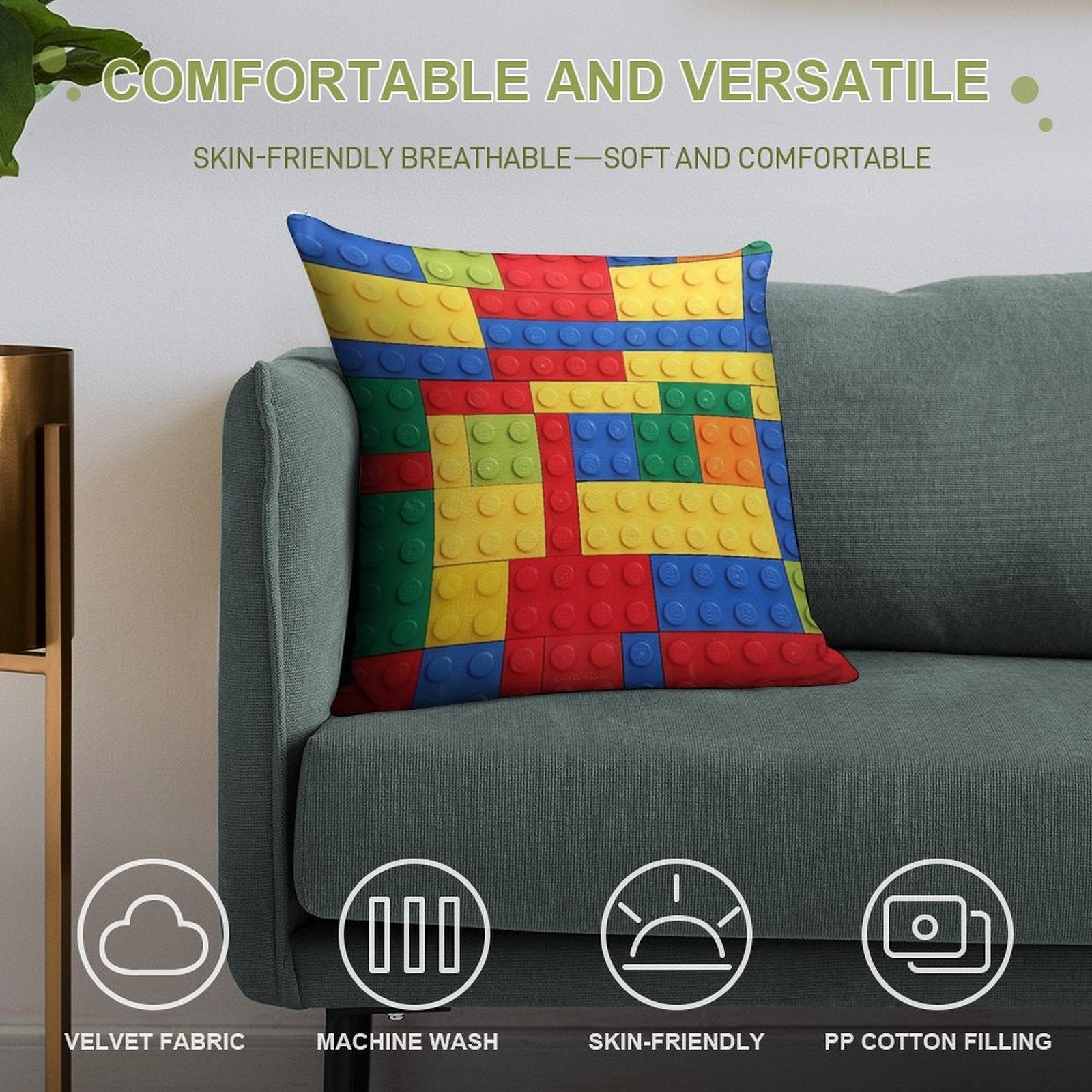 Colorful Bricks Design Soft Short Plush Fabric Throw Pillow