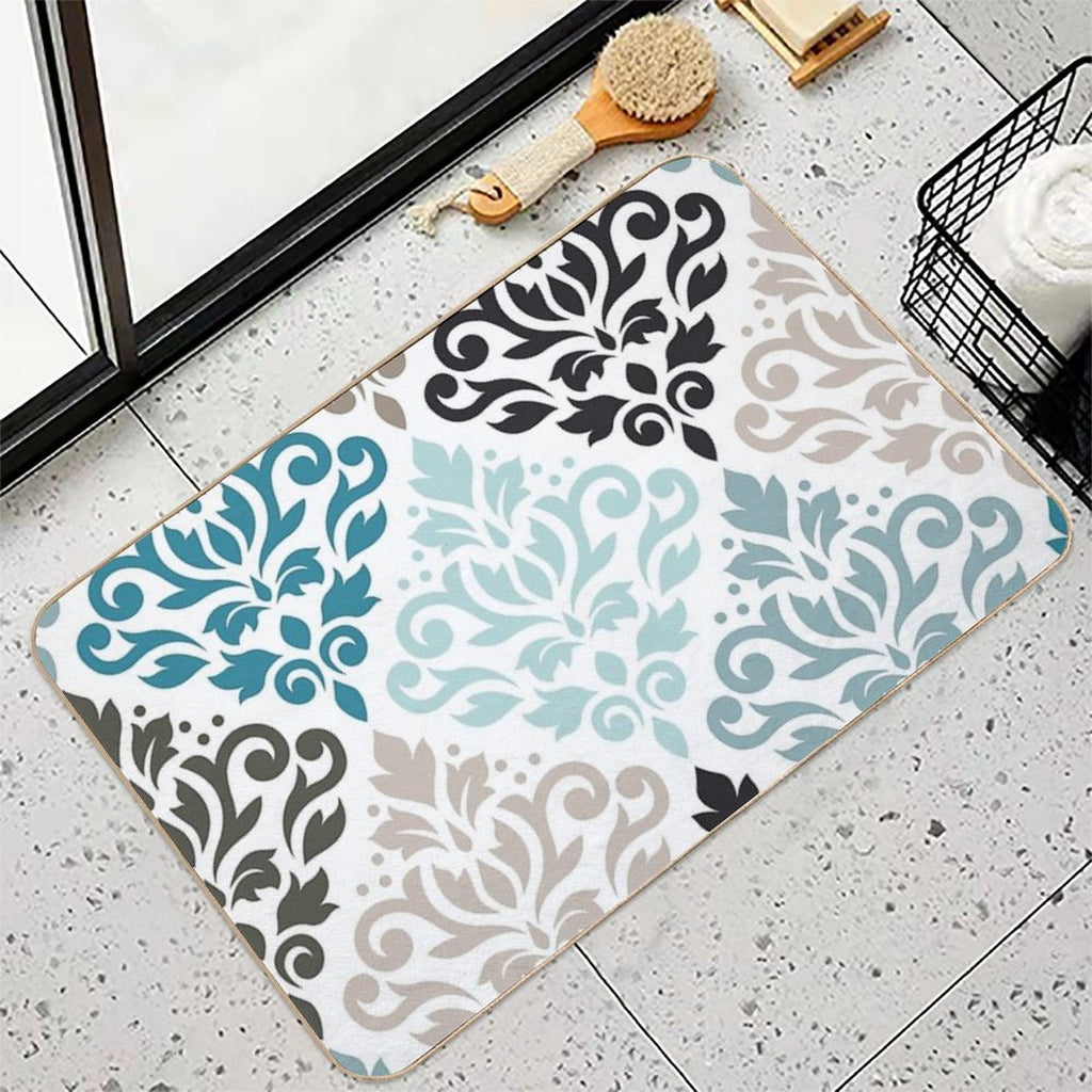 Scroll Damask Pattern Teals Browns White  Rapid-Drying Bath Mat