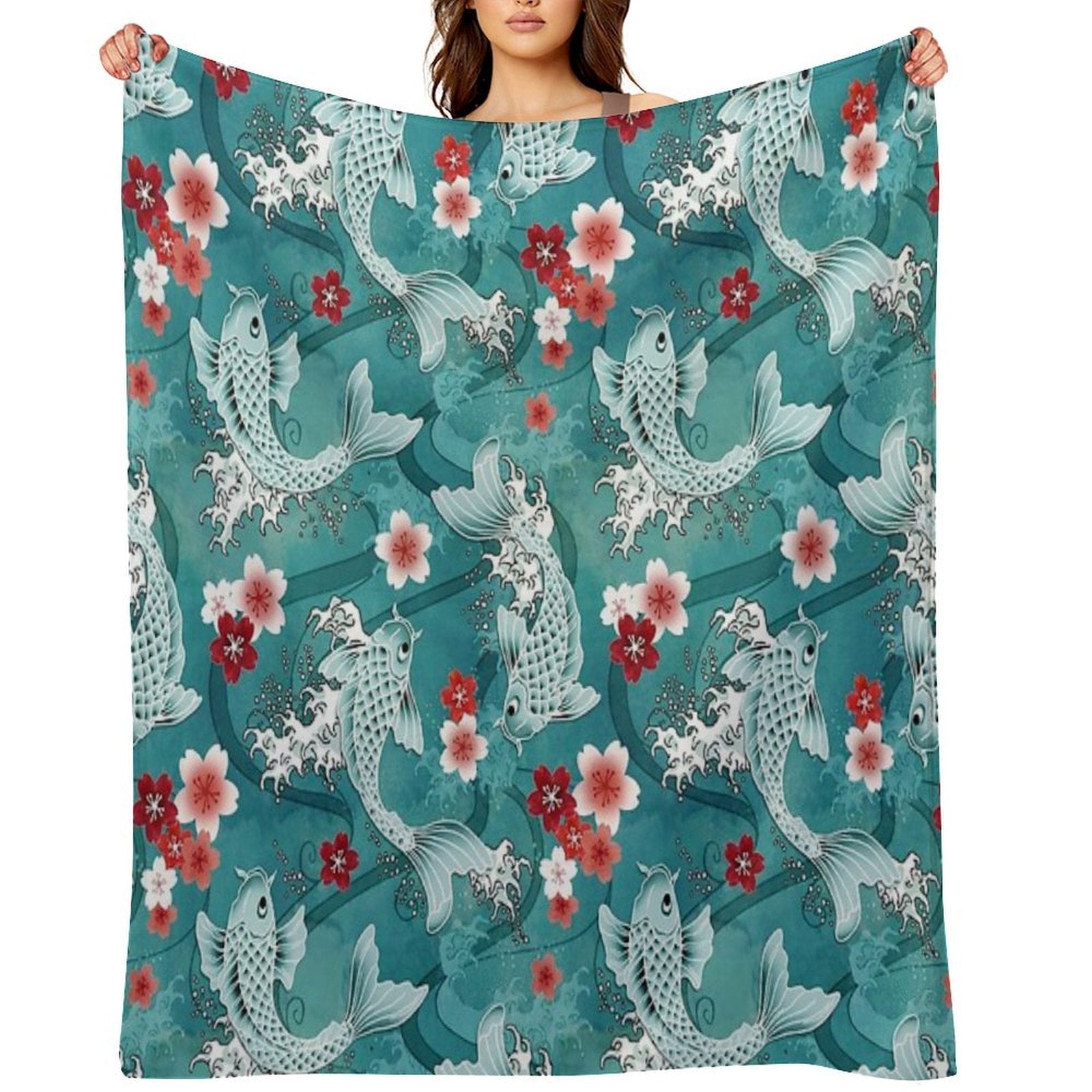 Koi Sakura Blossom in Turquoise Comfort Throw Blanket