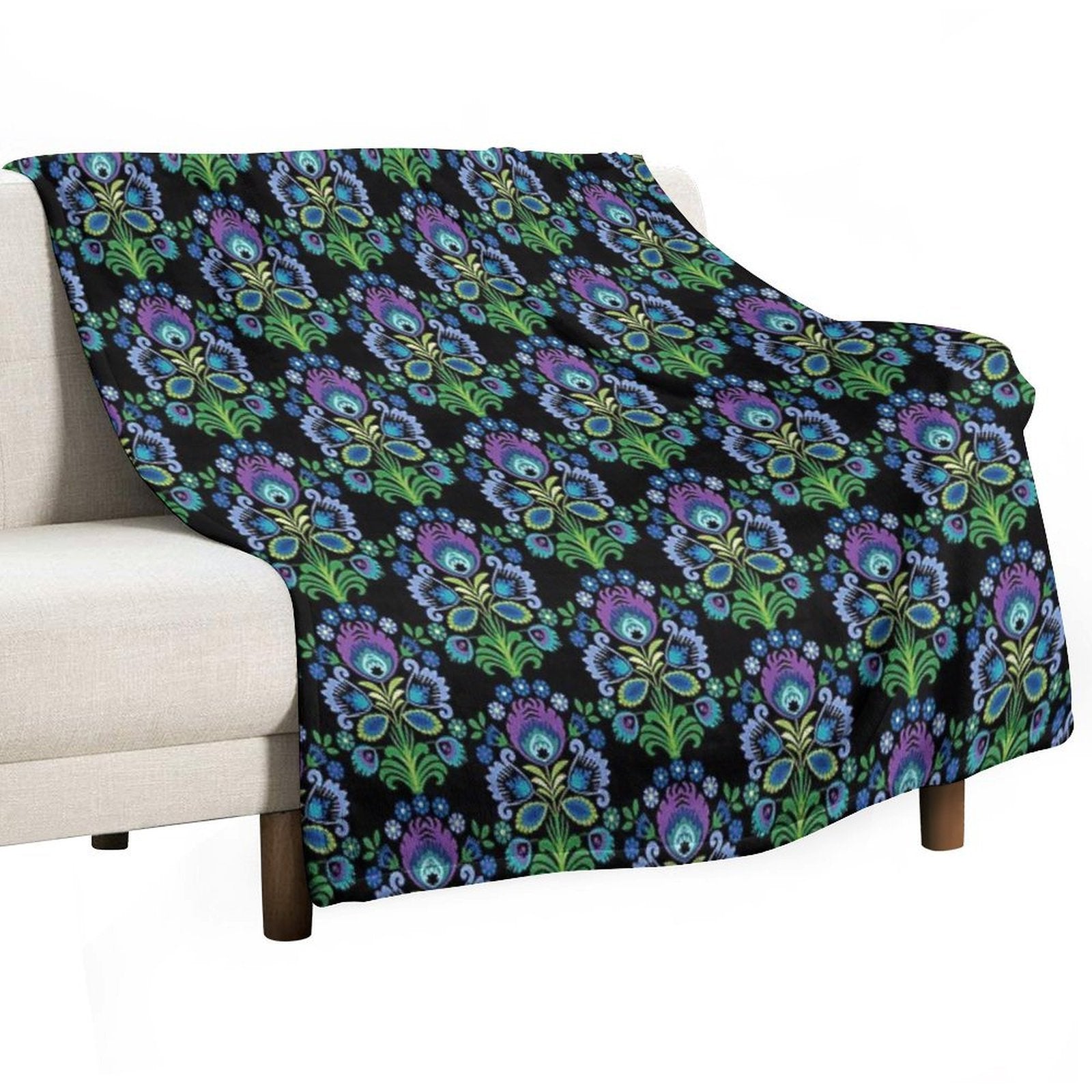 Polish Folk Flowers Purple on Black Shrink-resistant Throw Blanket