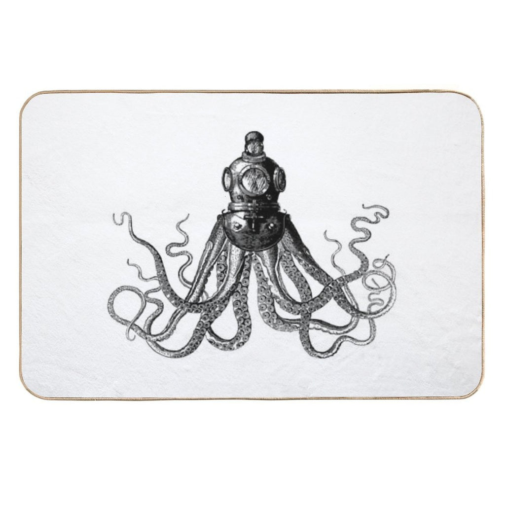 Octopus in Diving Helmet  Deep Sea Divers Helmet  Vintage Octopus  Tentacles  Anthropomorphic  Black And White  Dirt-Trapping Bath Mat