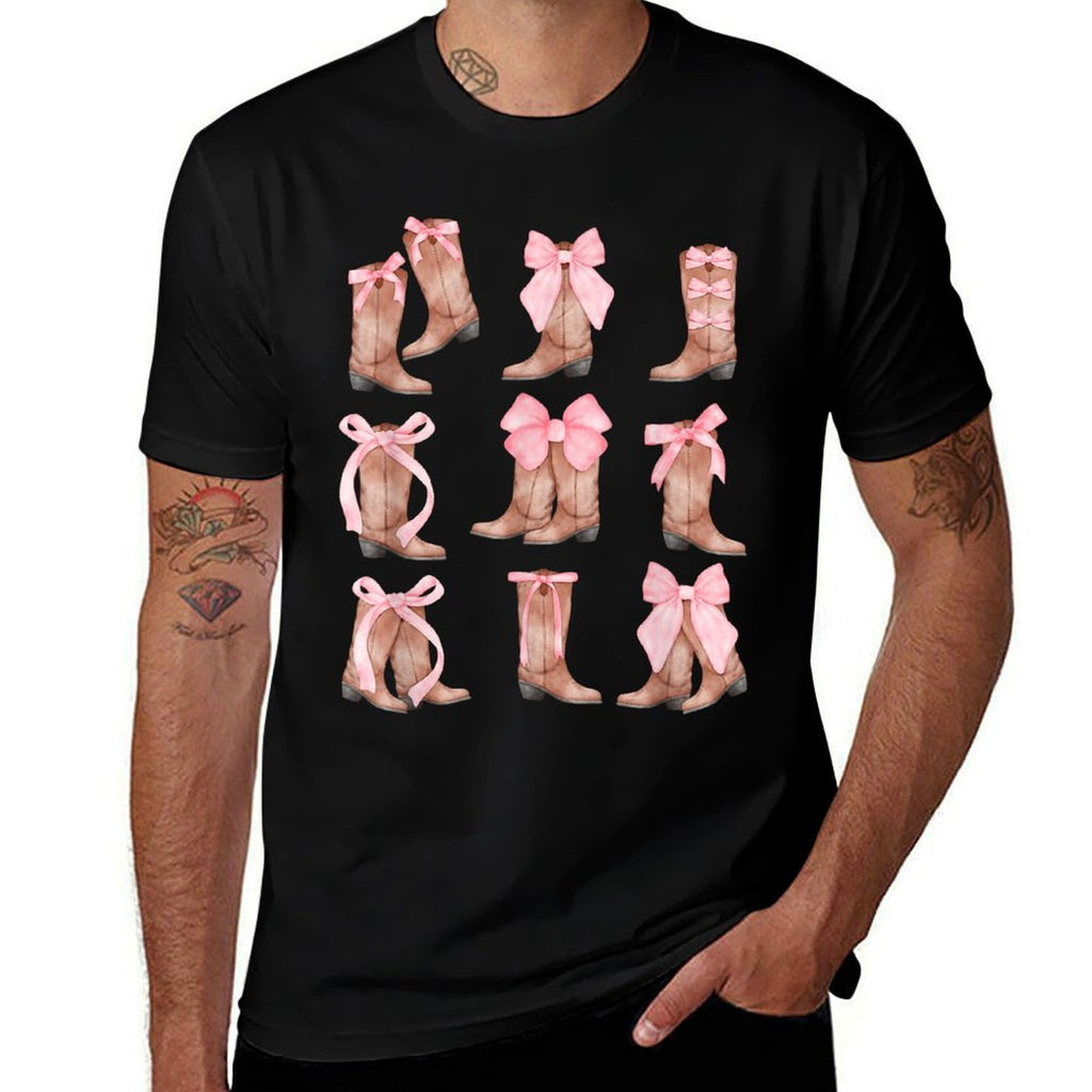 Cowgirl Boots Coquette Aesthetic And Pink Bows  Trendy Pattern T-Shirt