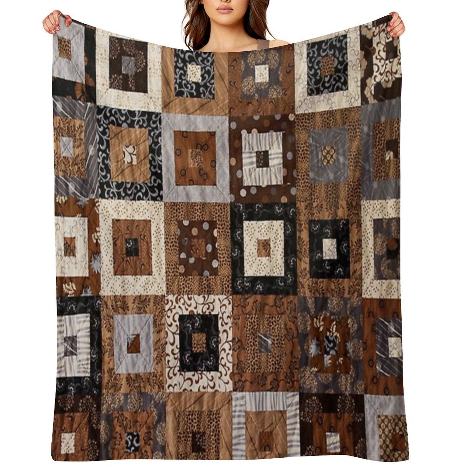 Classic Retro Brown Quilted Patchwork Quilting Pattern Mosaic Motif Compact Throw Blanket