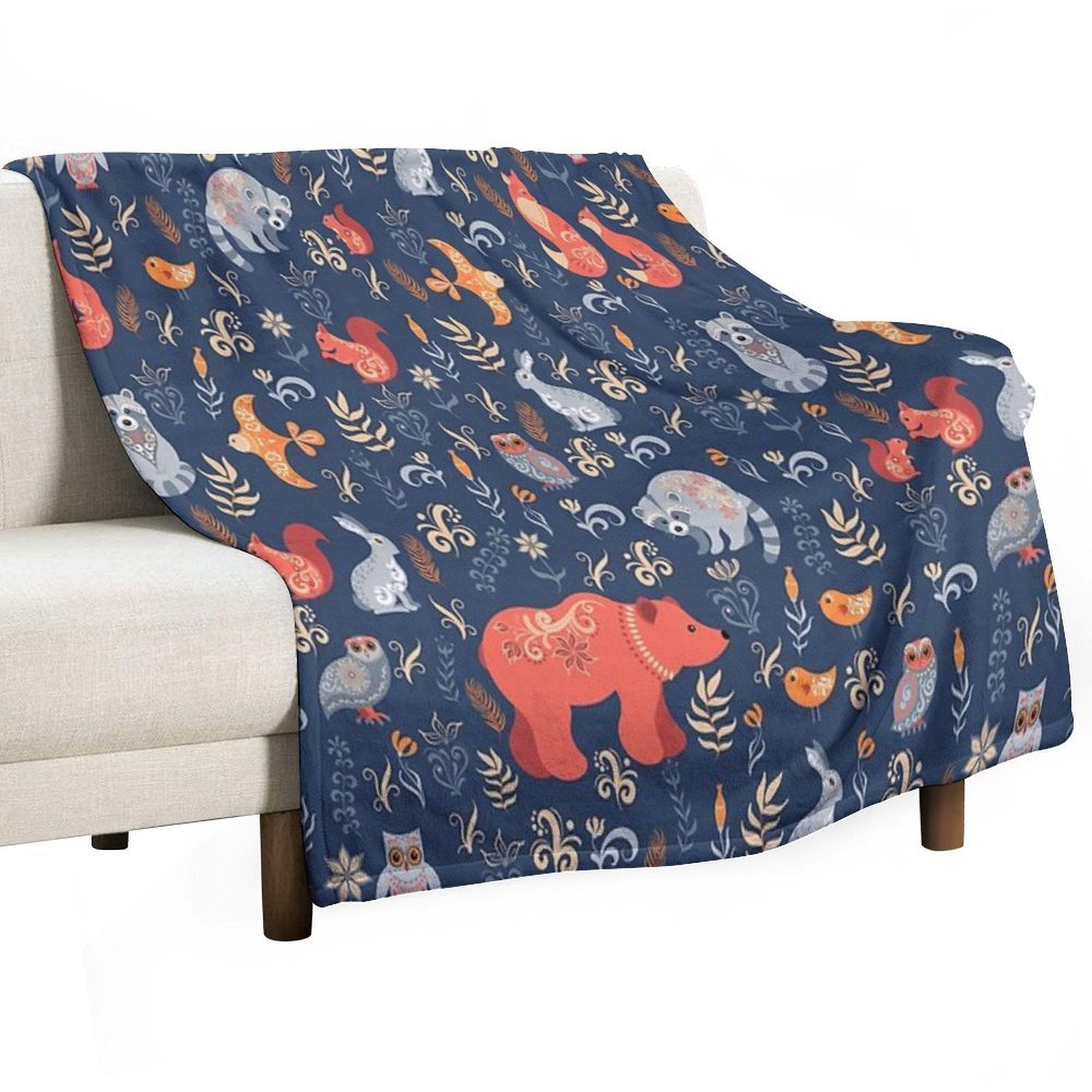 Fairy-tale Forest. Fox, Bear, Raccoon, Owls, Rabbits, Flowers And Herbs on A Blue Background. Anti-pilling Throw Blanket