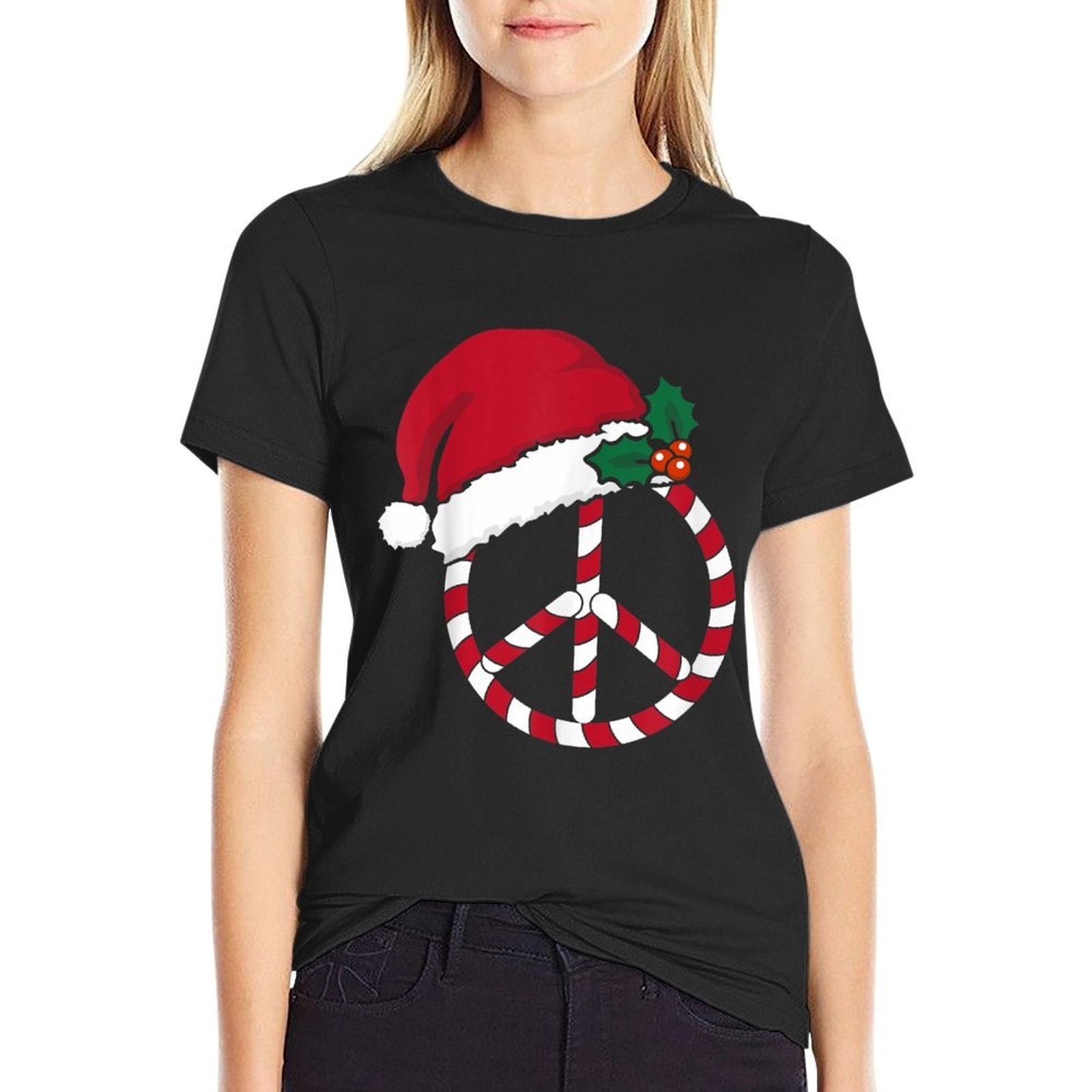 Candy Cane Peace Sign Merry Christmas Symbol Santa Hat Cute  Graphic-printed T-Shirt
