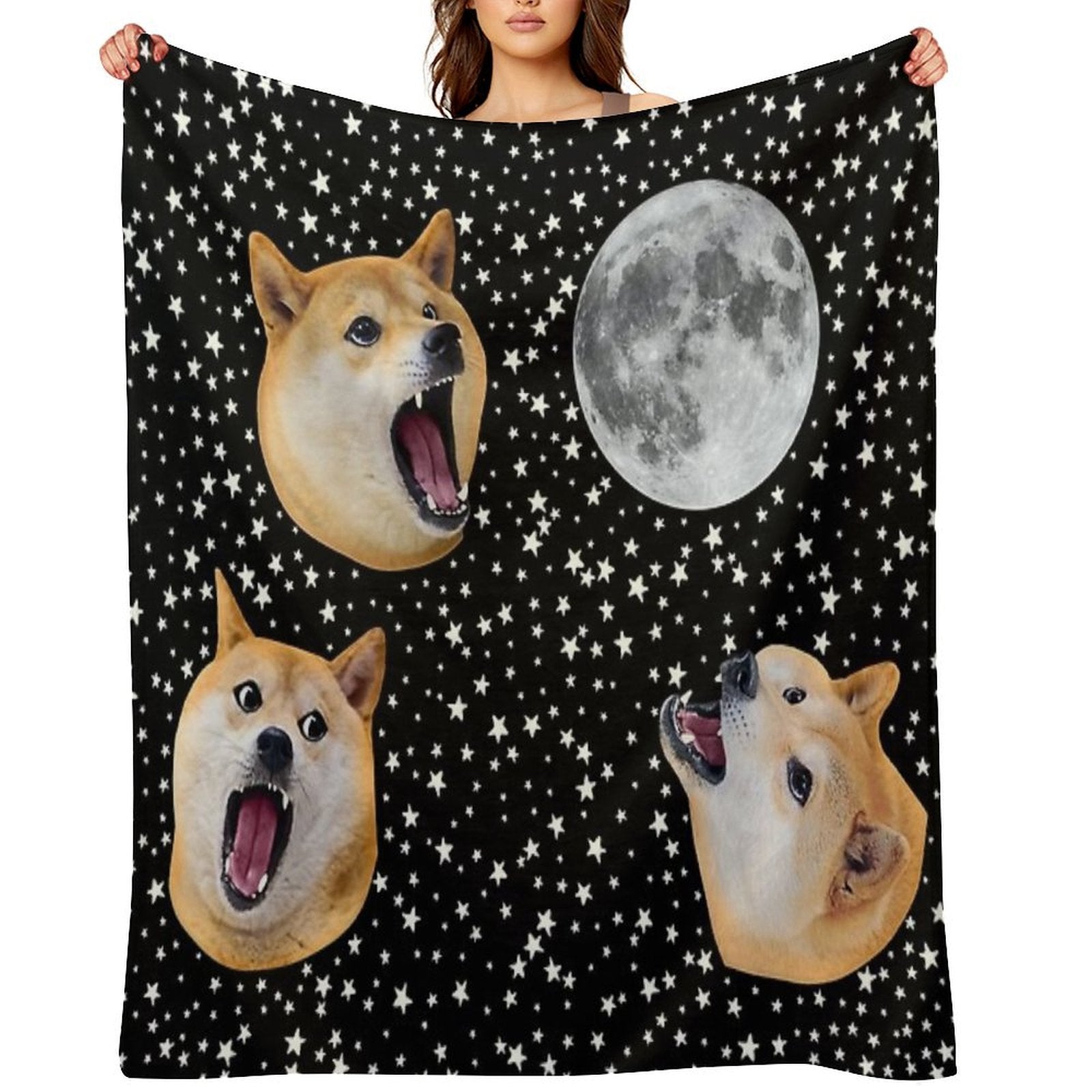 Three Doge Night Howling at The Moon Compact Throw Blanket